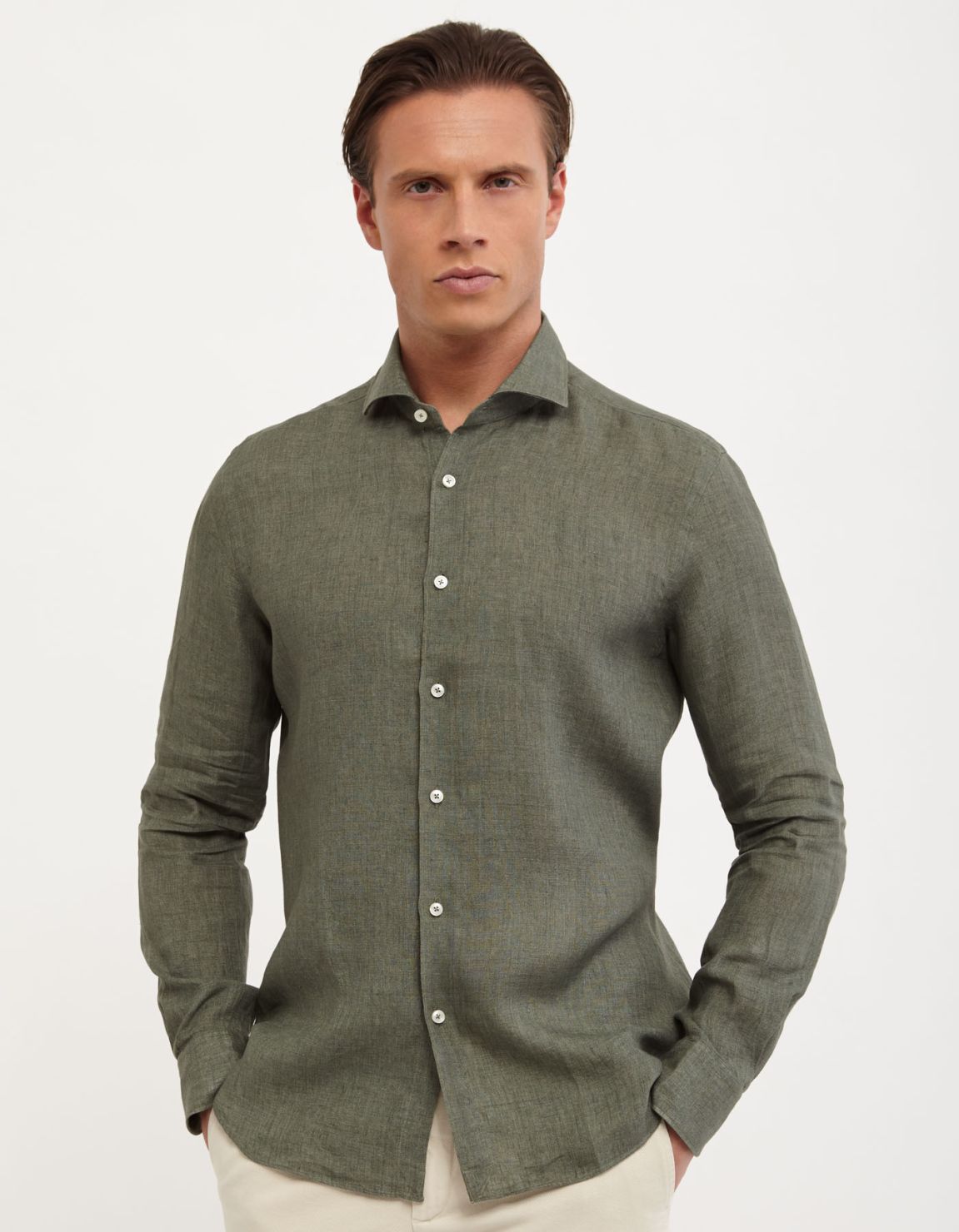 Camisa Cuello francés Liso Lino Verde militar Tailor Custom Fit 3