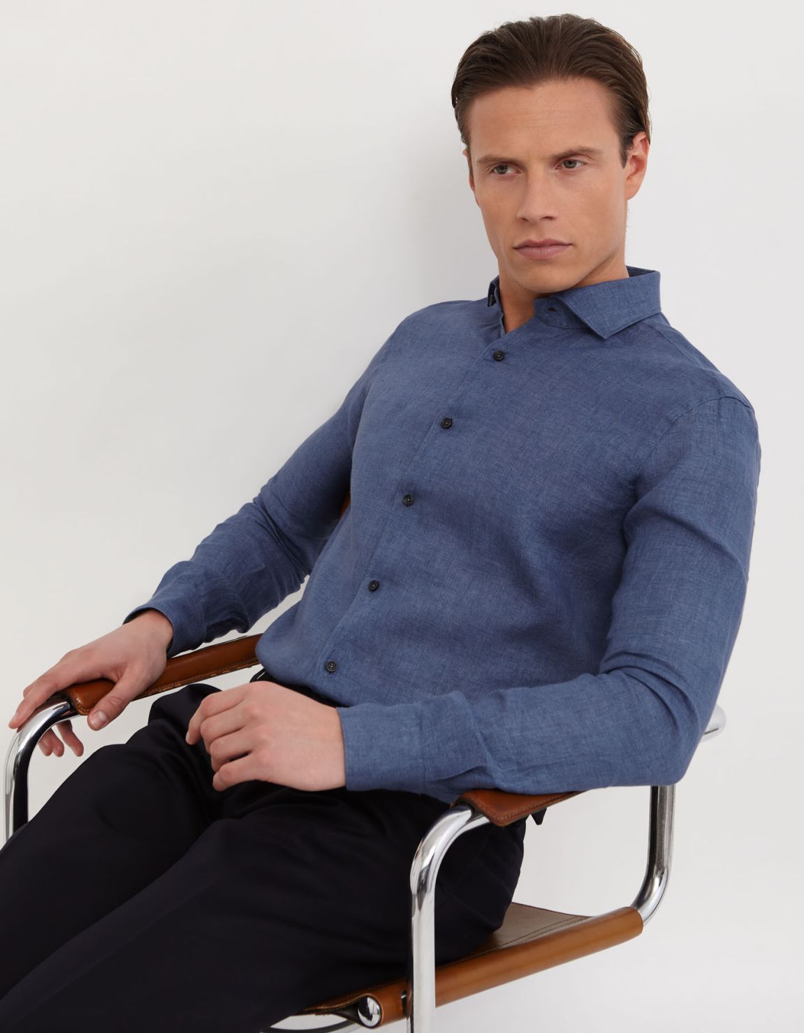 Camisa Cuello francés Liso Lino Blue jeans Tailor Custom Fit 3