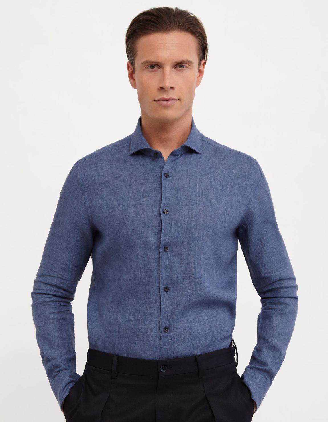 Camisa Cuello francés Liso Lino Blue jeans Tailor Custom Fit 6