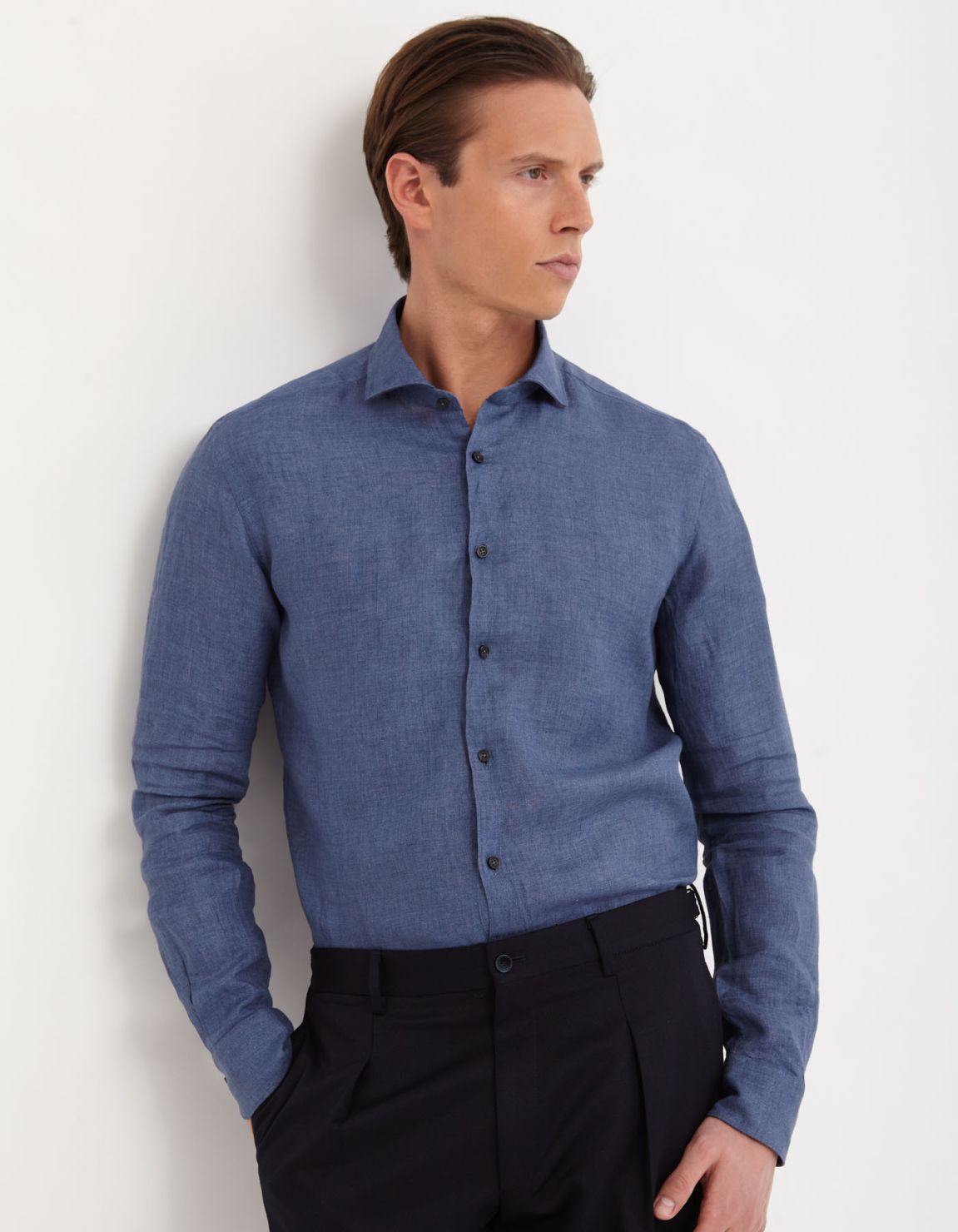 Camisa Cuello francés Liso Lino Blue jeans Tailor Custom Fit 7