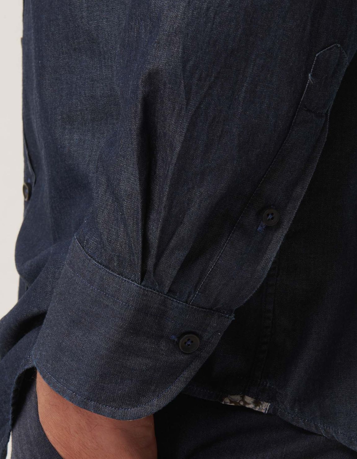 Camisa Cuello italiano abierto Liso Sarga Blue jeans Tailor Custom Fit 4