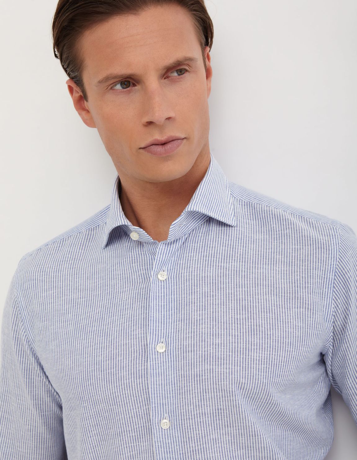 Camicia Collo francese Righe Lino Blu Tailor Custom Fit 3
