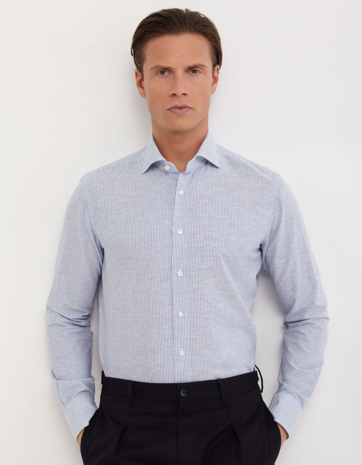 Camicia Collo francese Righe Lino Blu Tailor Custom Fit 6