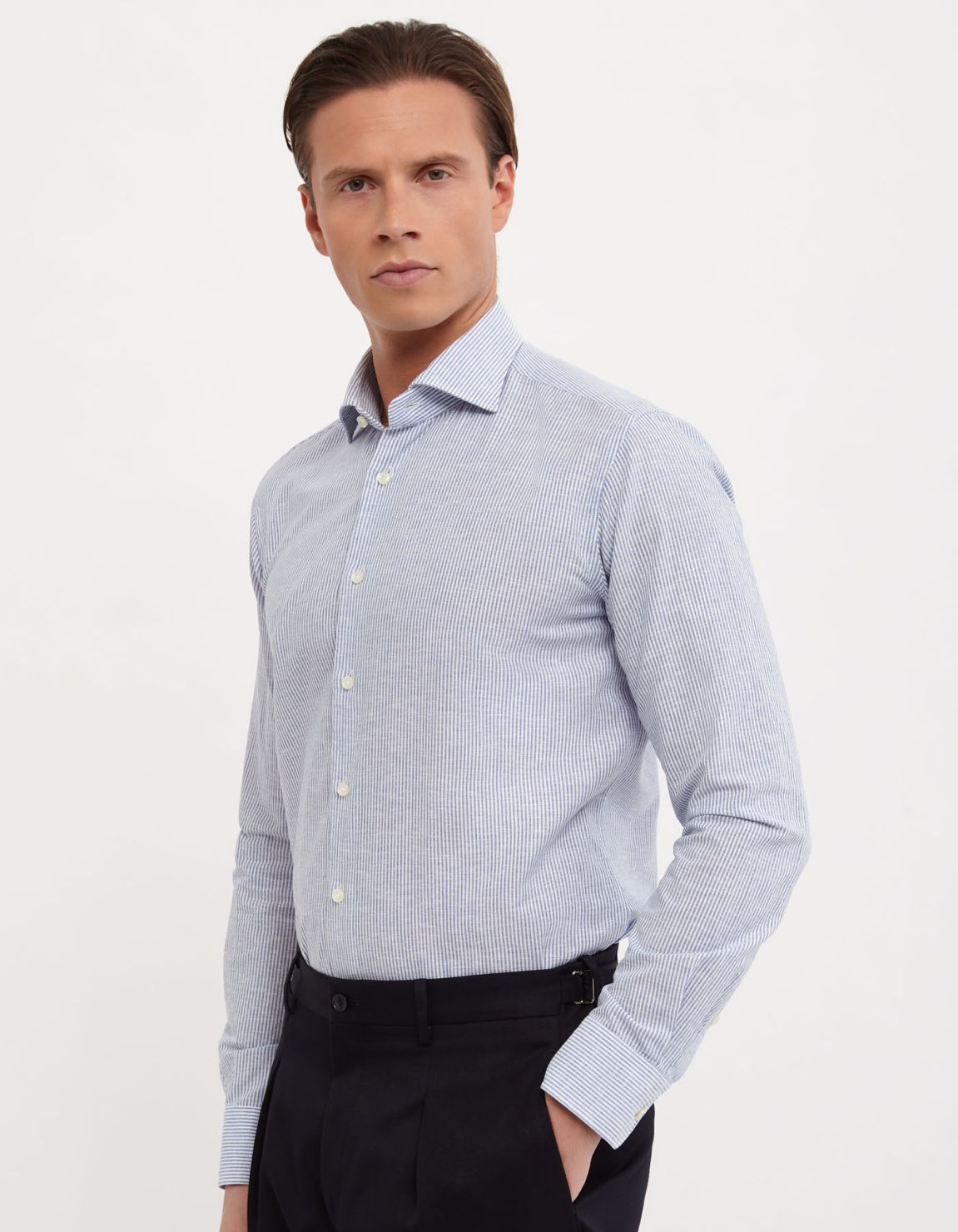 Camicia Collo francese Righe Lino Blu Tailor Custom Fit 7
