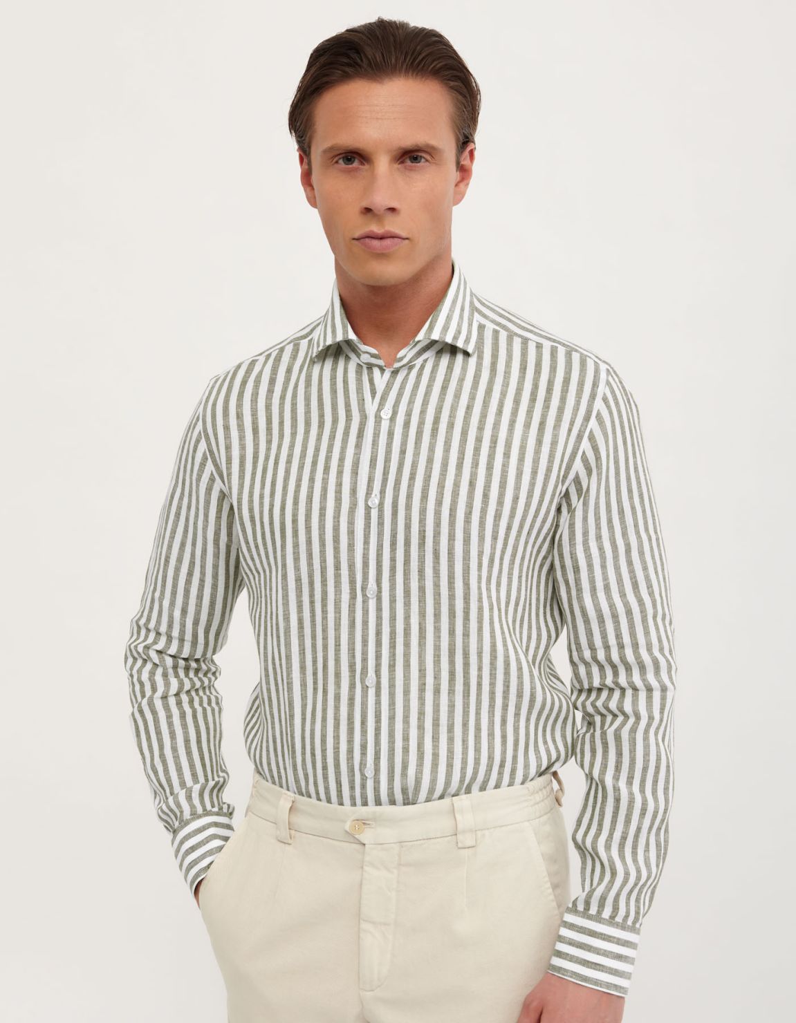 Camicia Collo francese Righe Lino Verde militare Tailor Custom Fit 3