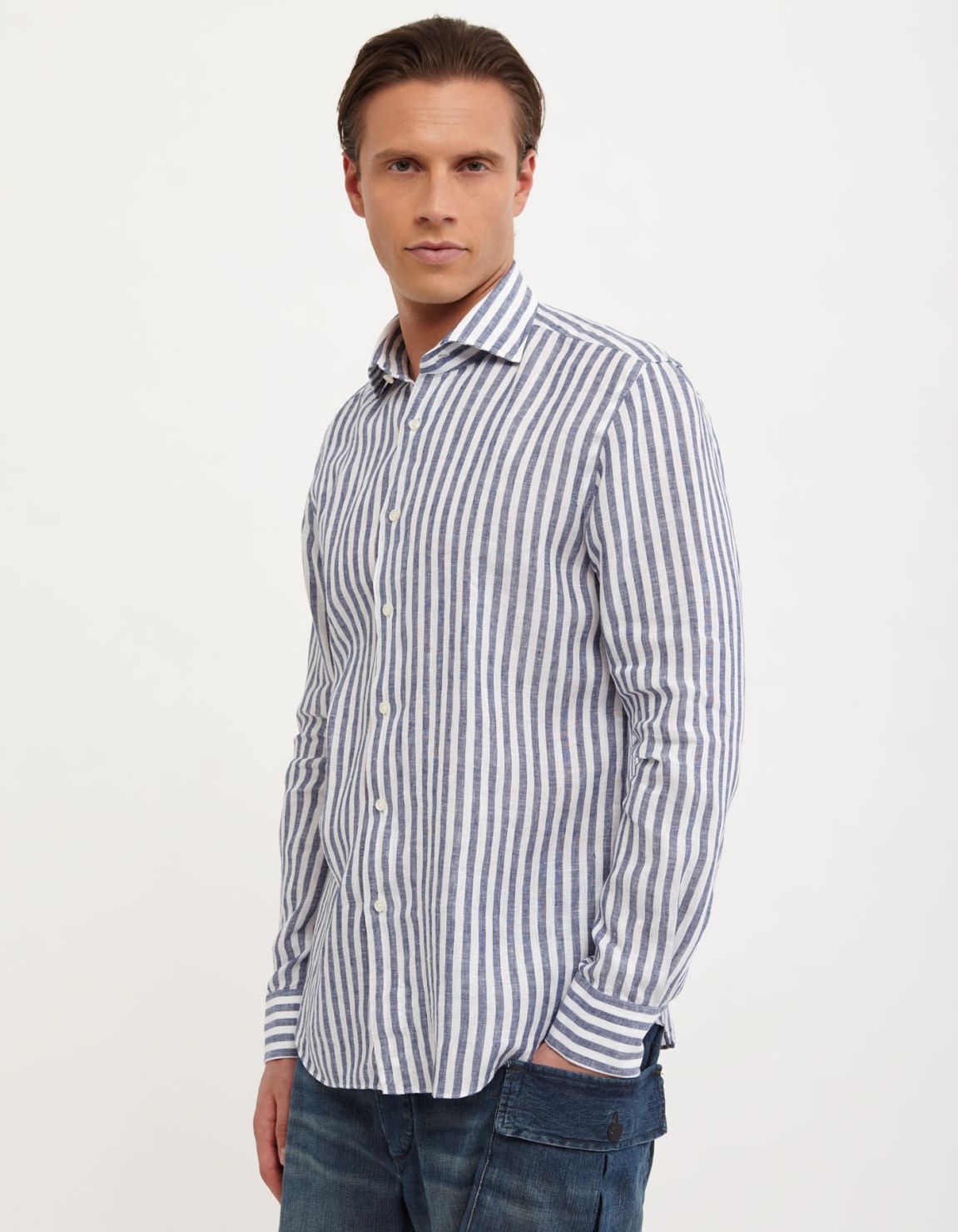Camicia Collo francese Righe Lino Blu scuro Tailor Custom Fit 3