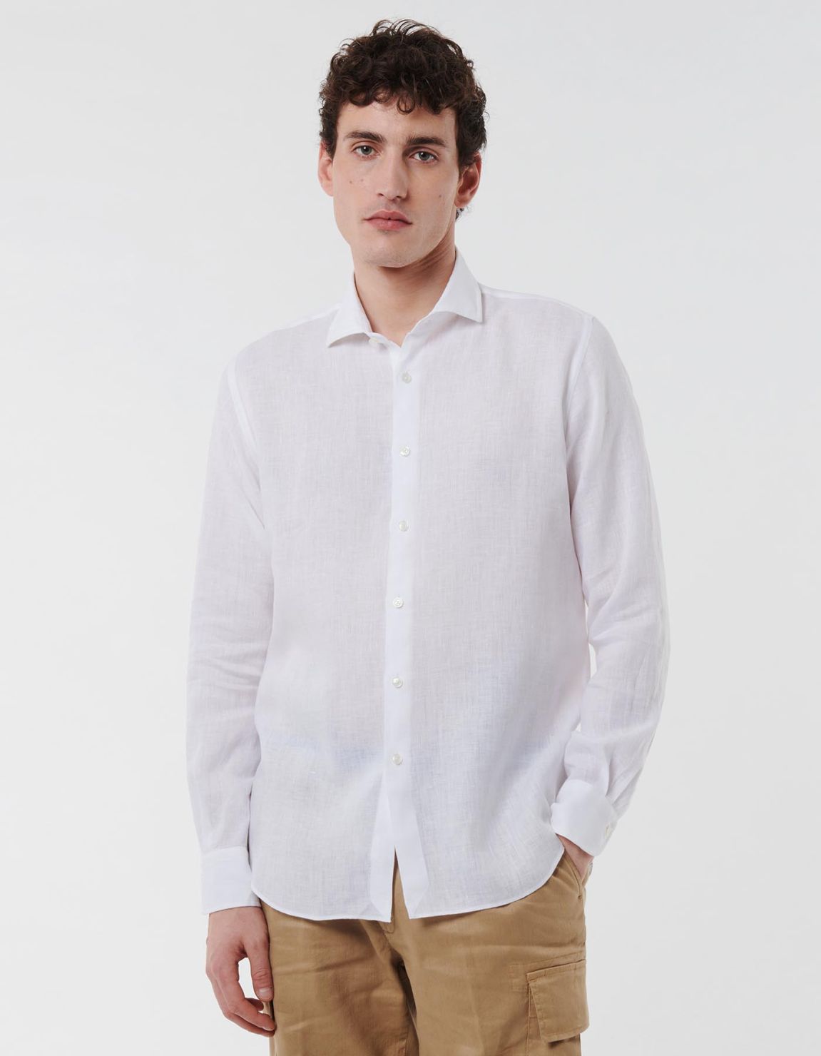 Camicia Collo francese piccolo Tinta Unita Lino Bianco Tailor Custom Fit 6