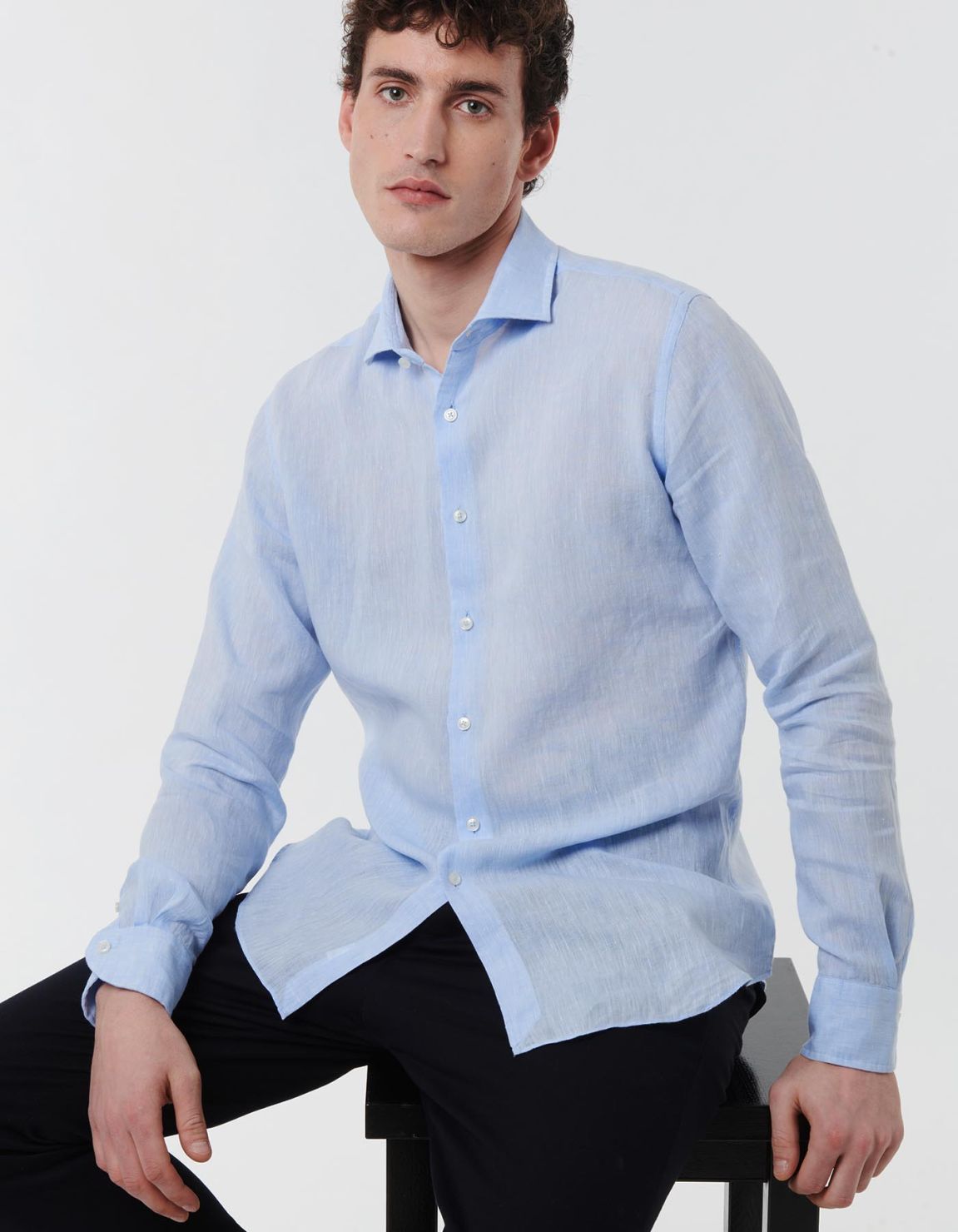 Light Blue Linen Solid colour Shirt Collar small cutaway Tailor Custom Fit 6