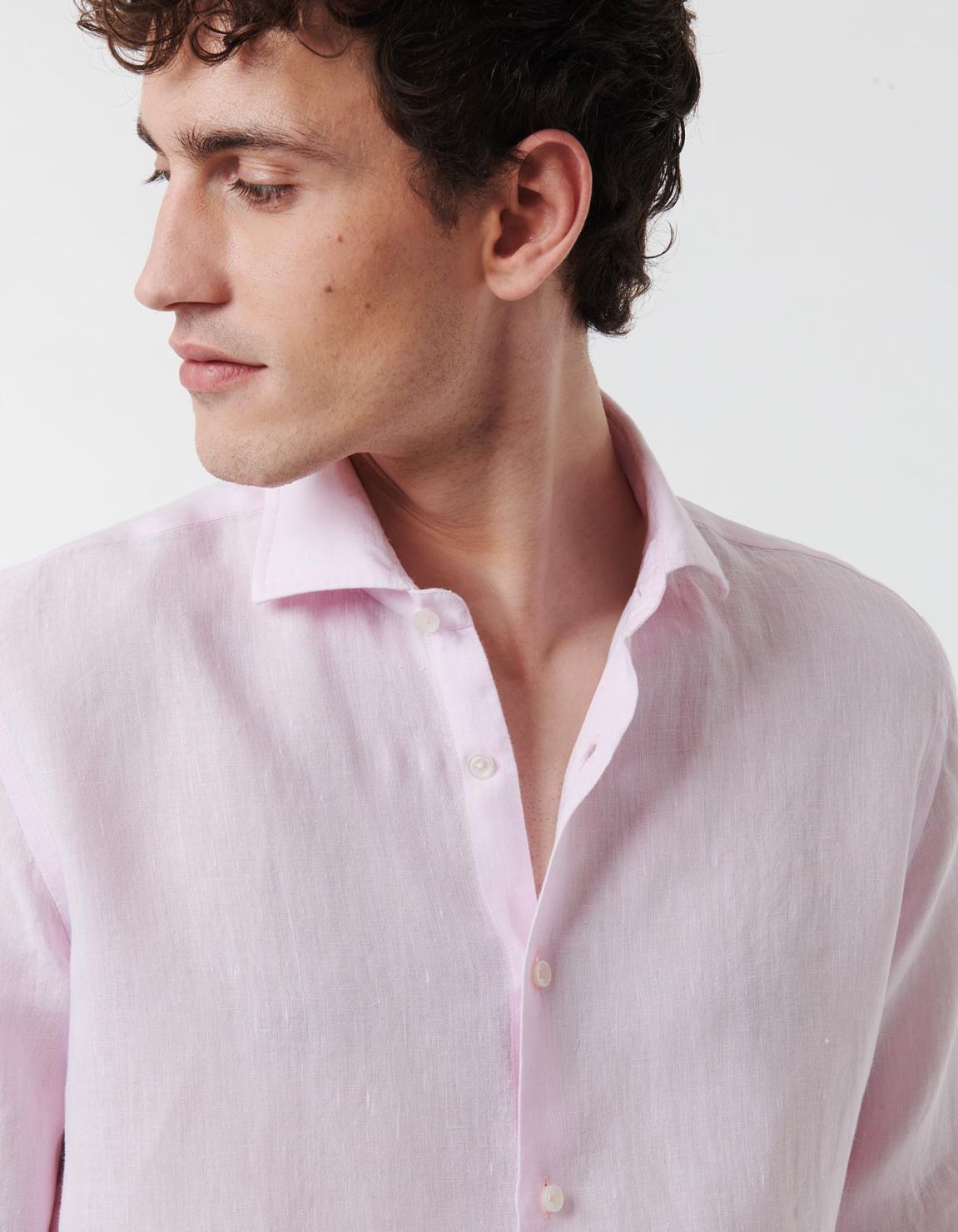 Camicia Collo francese piccolo Tinta Unita Lino Rosa chiaro Tailor Custom Fit 3