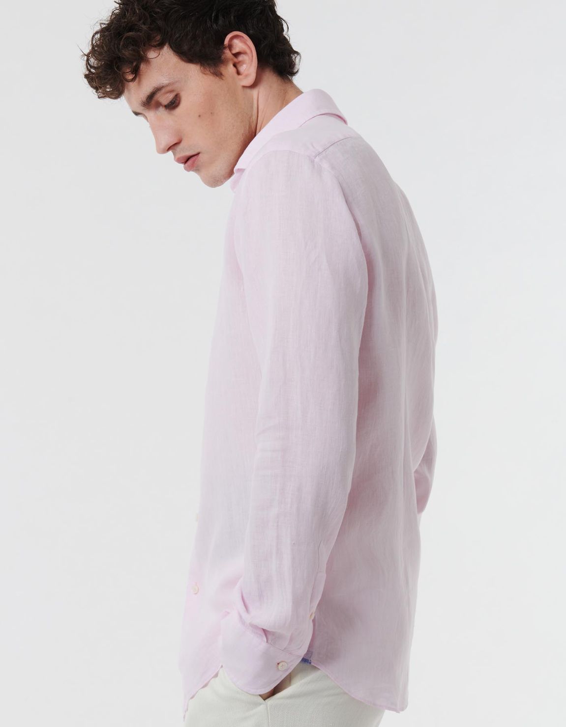 Camicia Collo francese piccolo Tinta Unita Lino Rosa chiaro Tailor Custom Fit 7