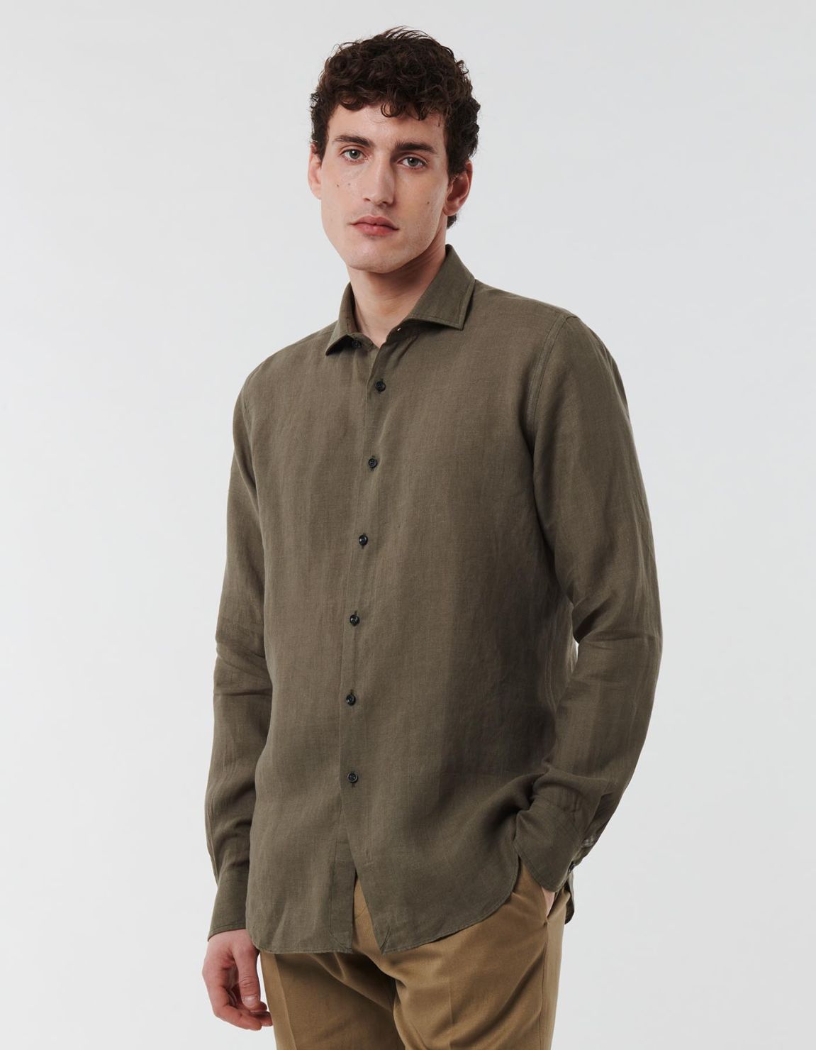 Chemise Col français petit Unie Lin Vert militaire Tailor Custom Fit 3