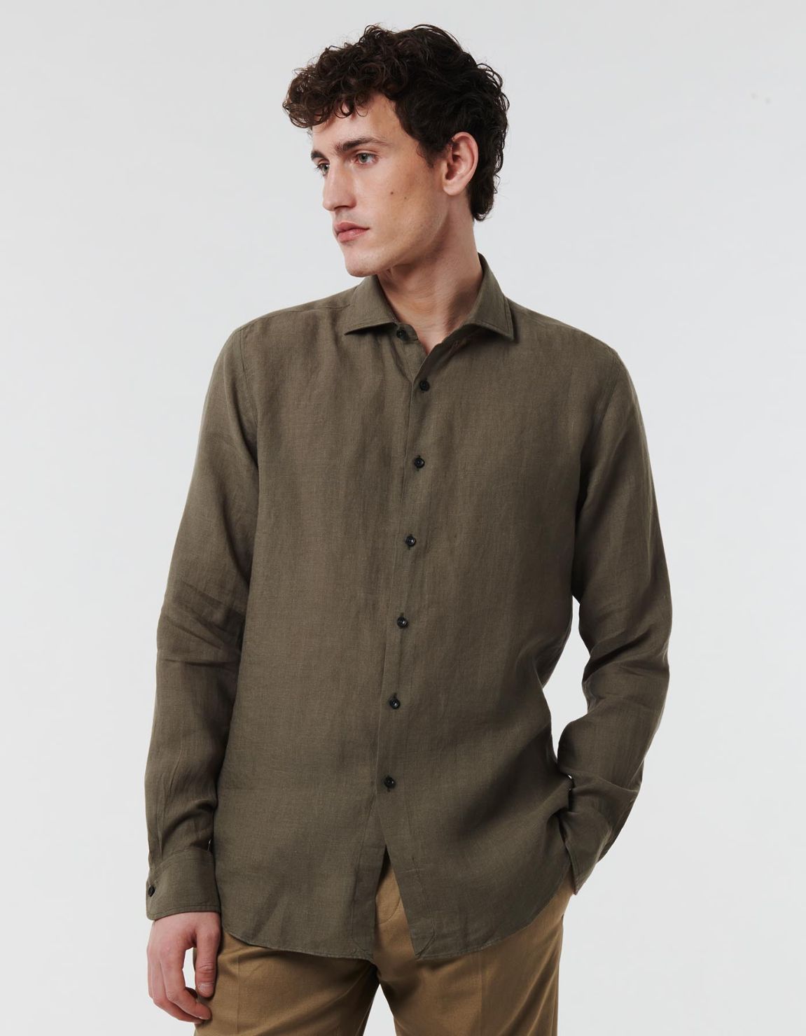 Chemise Col français petit Unie Lin Vert militaire Tailor Custom Fit 7