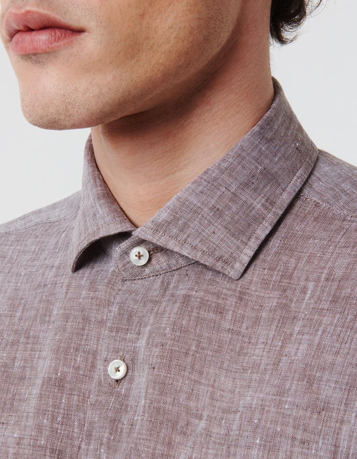 Brown Melange Linen Solid colour Shirt Collar small cutaway Tailor Custom Fit 2