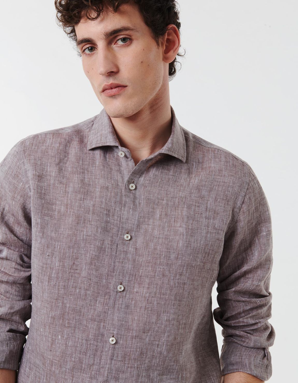 Brown Melange Linen Solid colour Shirt Collar small cutaway Tailor Custom Fit 6