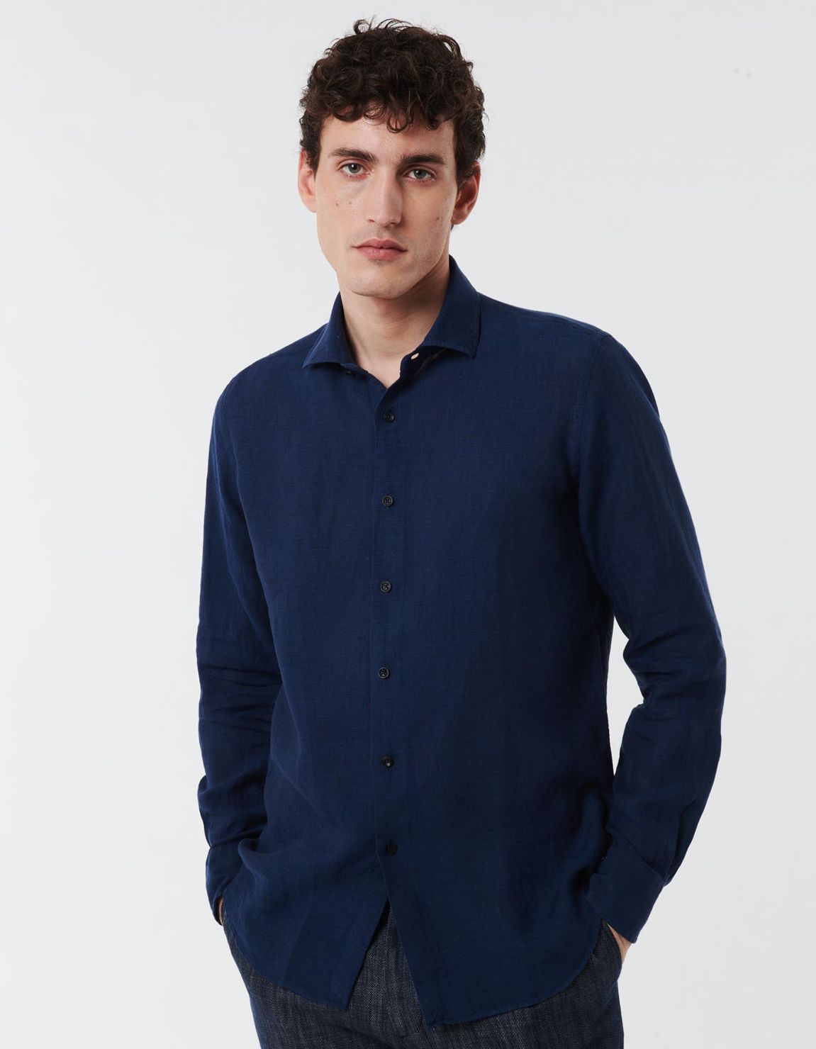 Camicia Collo francese piccolo Tinta Unita Lino Blu Tailor Custom Fit 6