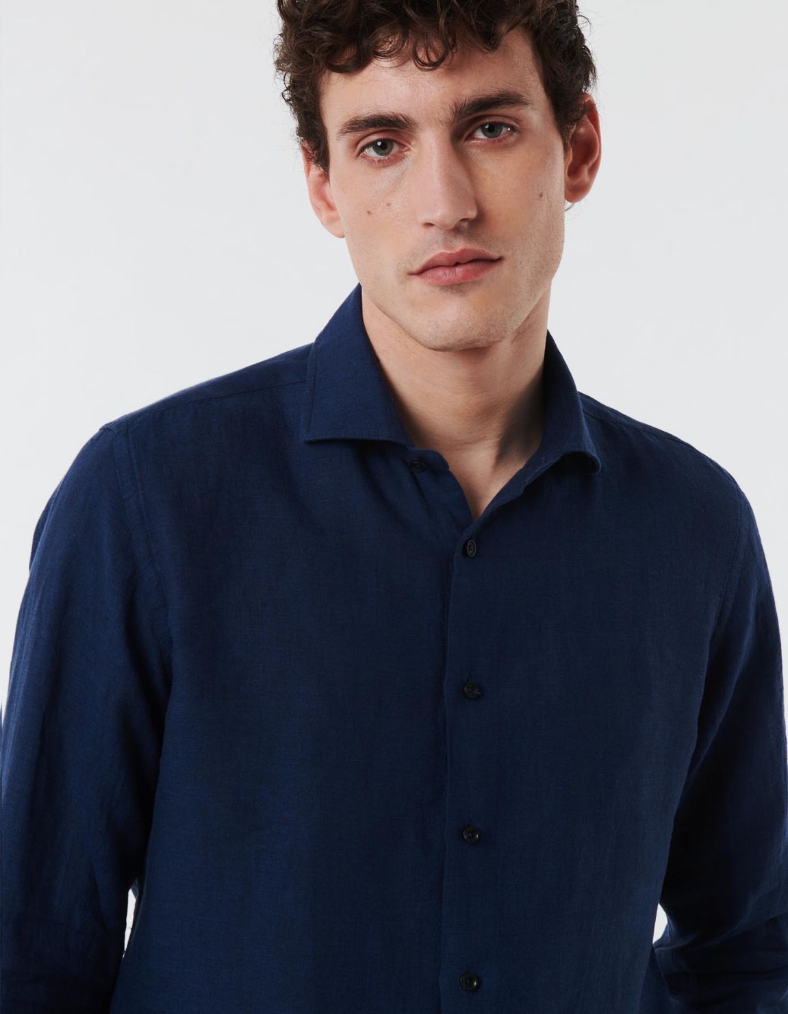Camicia Collo francese piccolo Tinta Unita Lino Blu Tailor Custom Fit 7