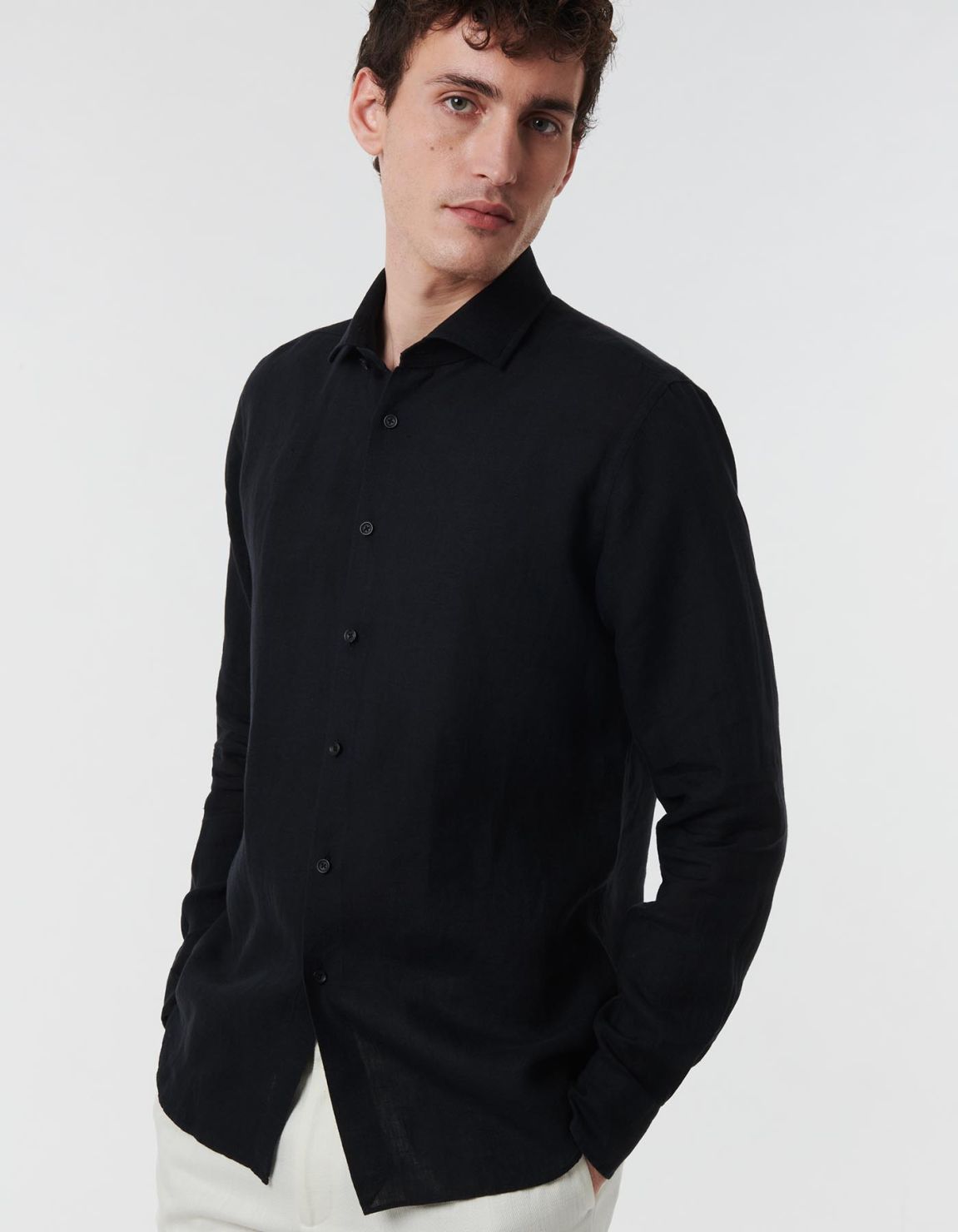 Camicia Collo francese piccolo Tinta Unita Lino Nero Tailor Custom Fit 6
