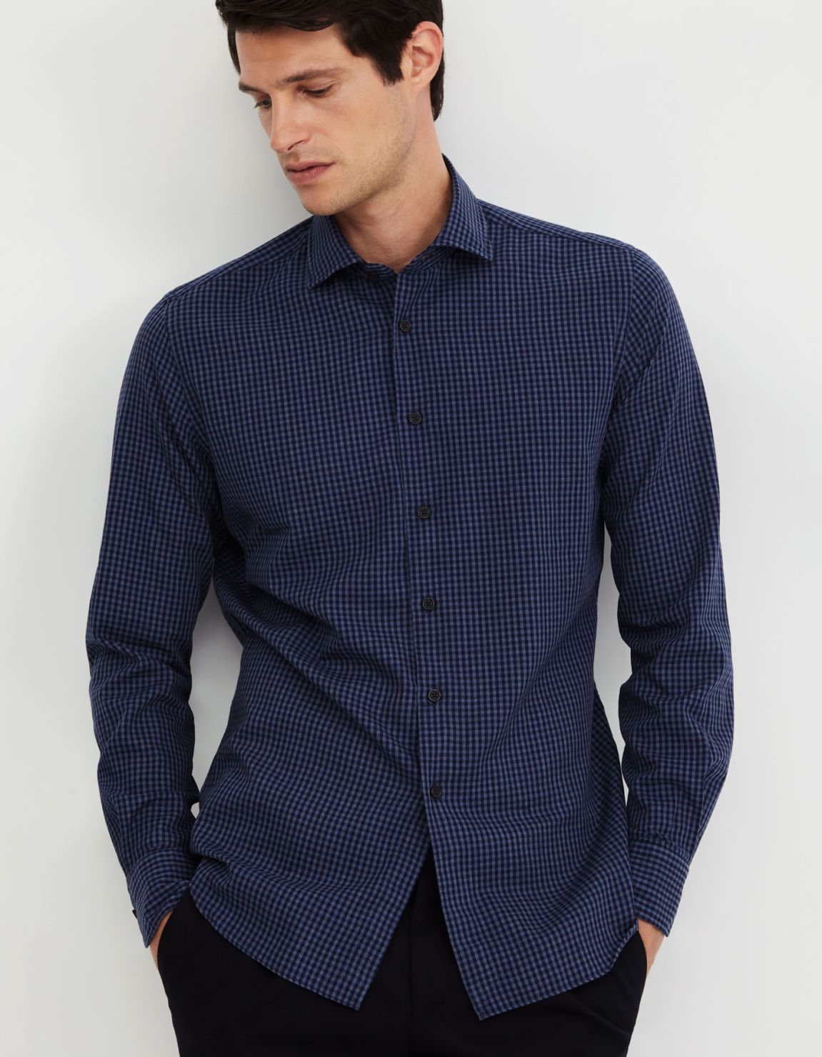 Camicia Collo francese piccolo Quadri Twill Blu navy Tailor Custom Fit 3