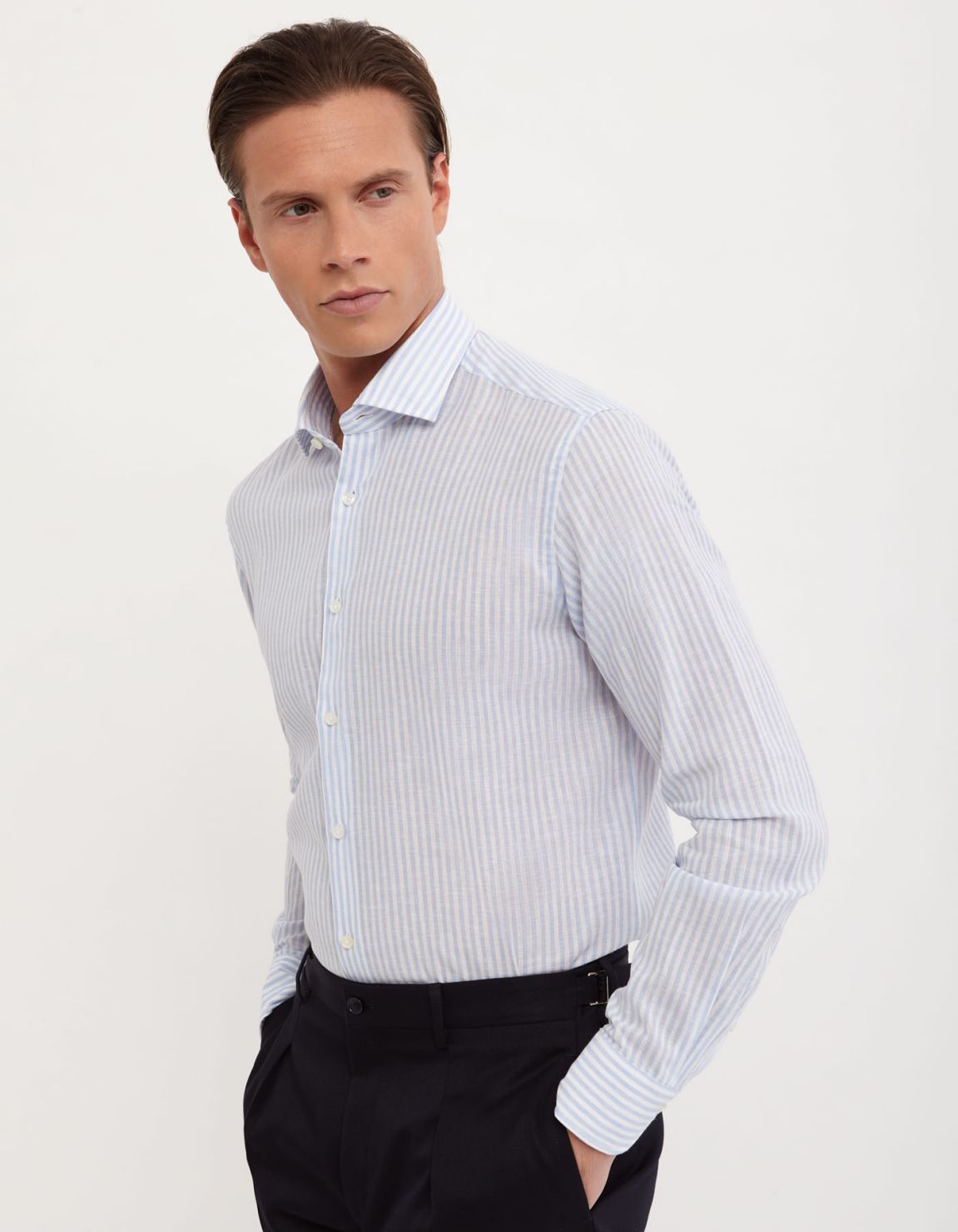 Camicia Collo francese piccolo Righe Lino Celeste chiaro Tailor Custom Fit 3