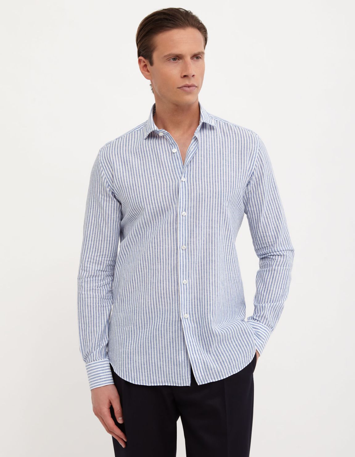 Camicia Collo francese piccolo Righe Lino Blu Tailor Custom Fit 3
