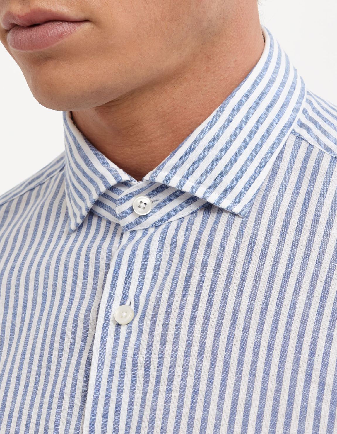 Camicia Collo francese piccolo Righe Lino Blu Tailor Custom Fit 2