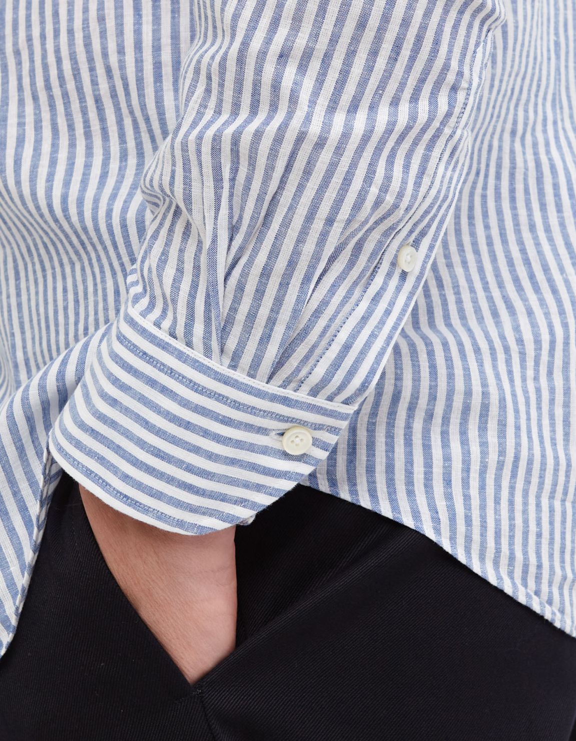 Camicia Collo francese piccolo Righe Lino Blu Tailor Custom Fit 5