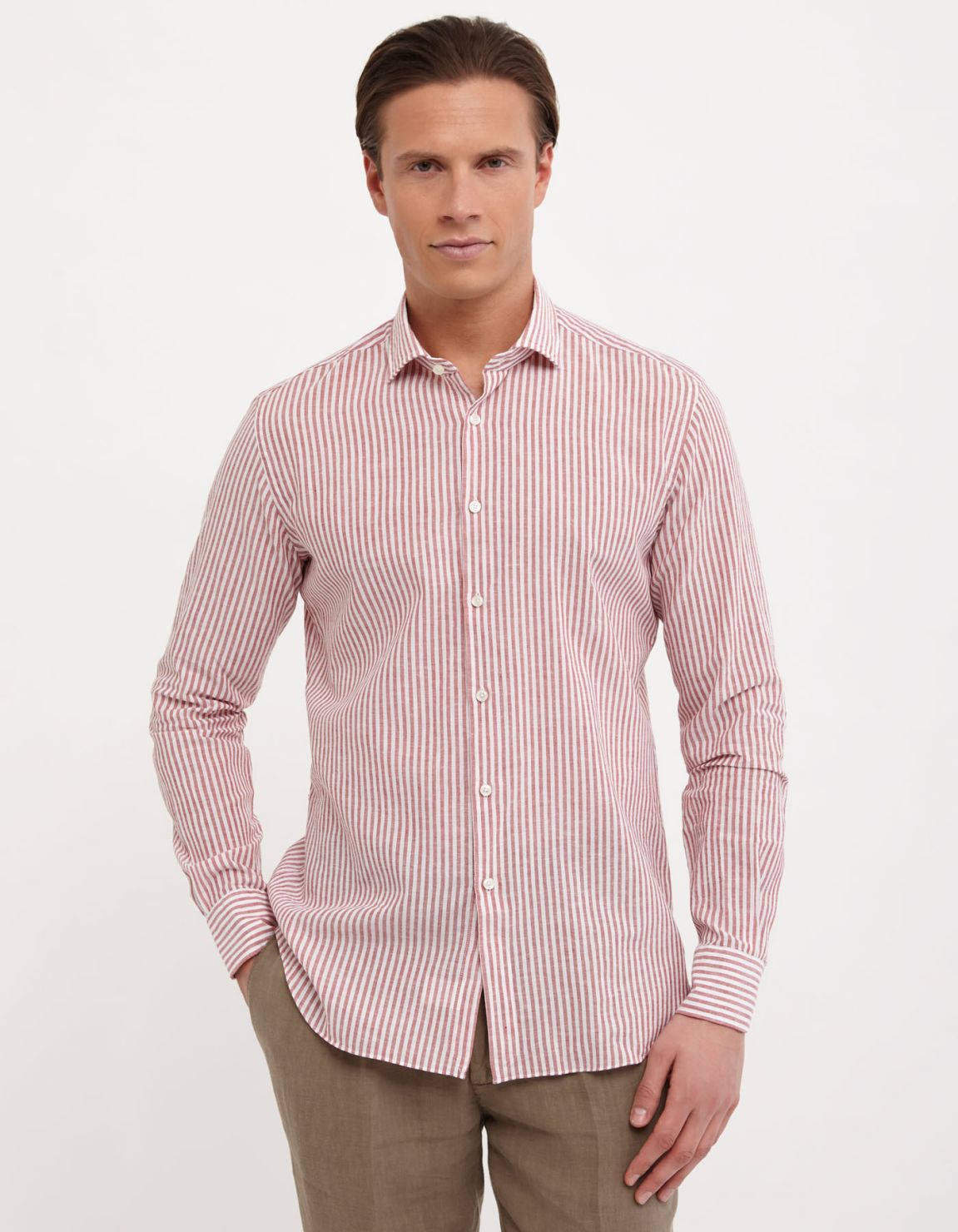 Camicia Collo francese piccolo Righe Lino Rosso Tailor Custom Fit 3