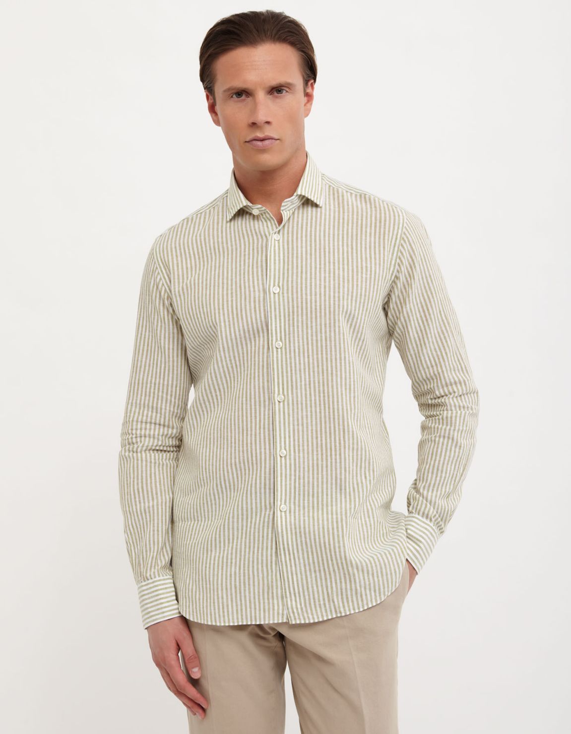 Camicia Collo francese piccolo Righe Lino Verde oliva Tailor Custom Fit 3