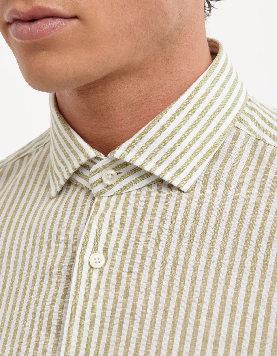 Camicia Collo francese piccolo Righe Lino Verde oliva Tailor Custom Fit 2