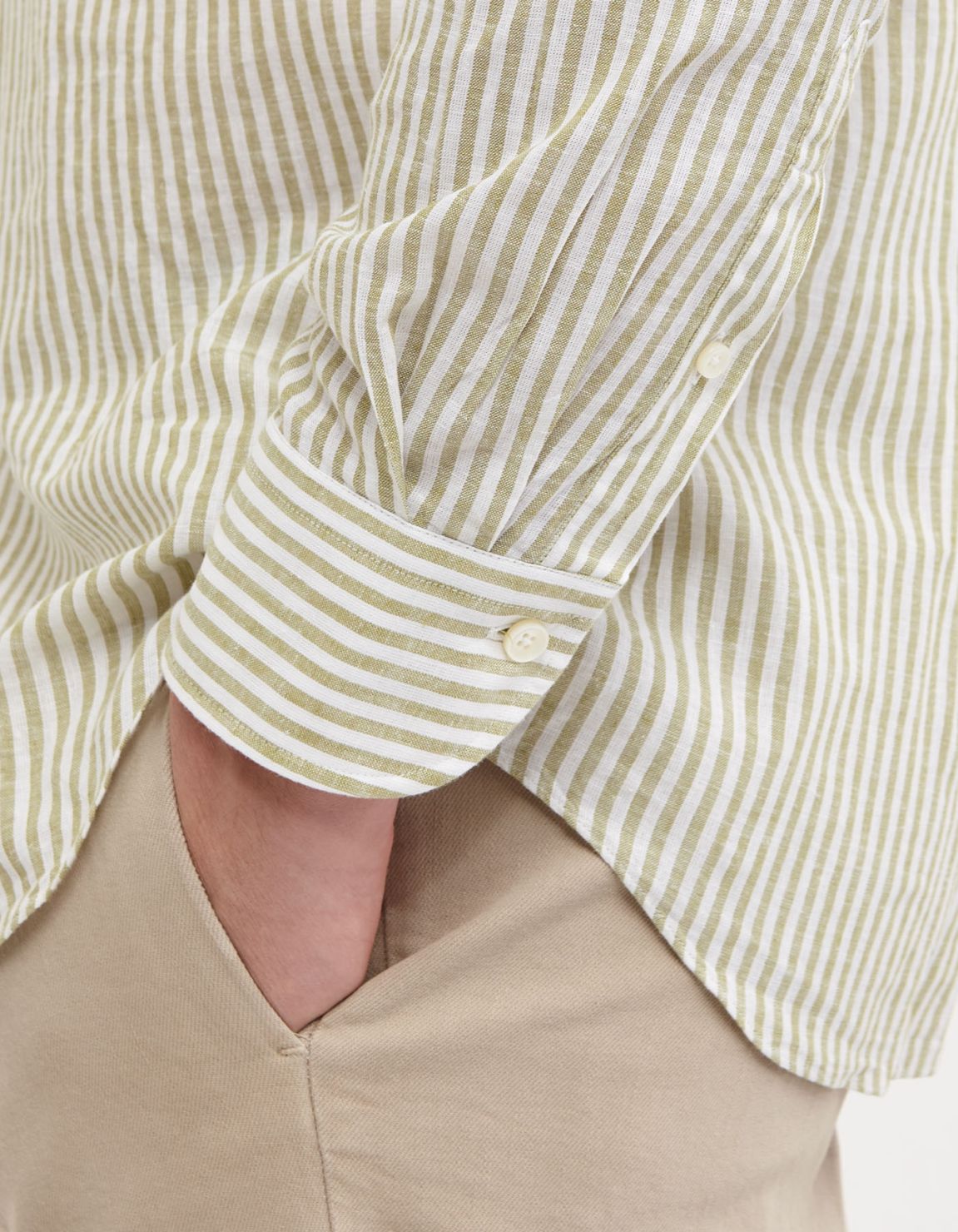 Camicia Collo francese piccolo Righe Lino Verde oliva Tailor Custom Fit 5