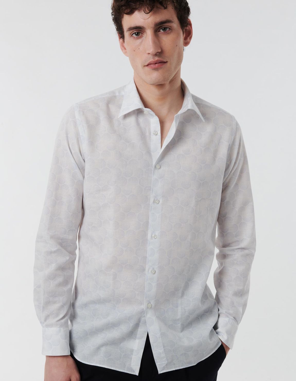 Camisa Cuello italiano Estampado Lino Celeste Tailor Custom Fit 6