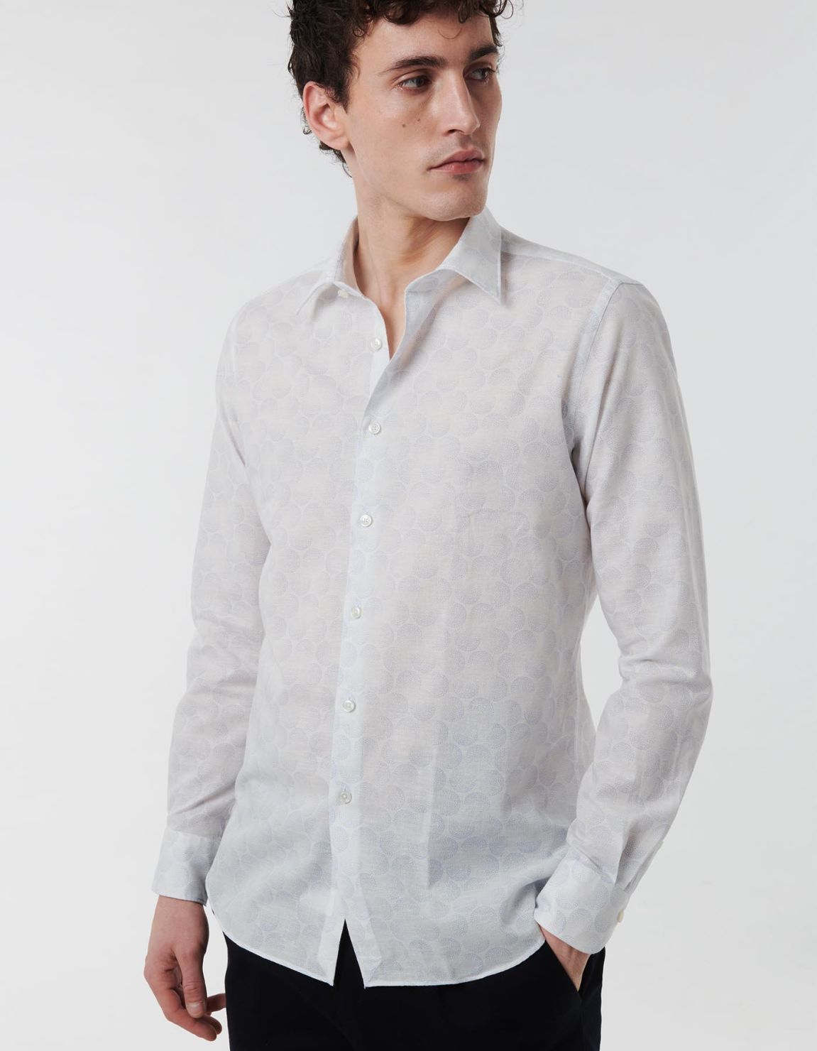 Camicia Collo italiano Fantasia Lino Celeste Tailor Custom Fit 7