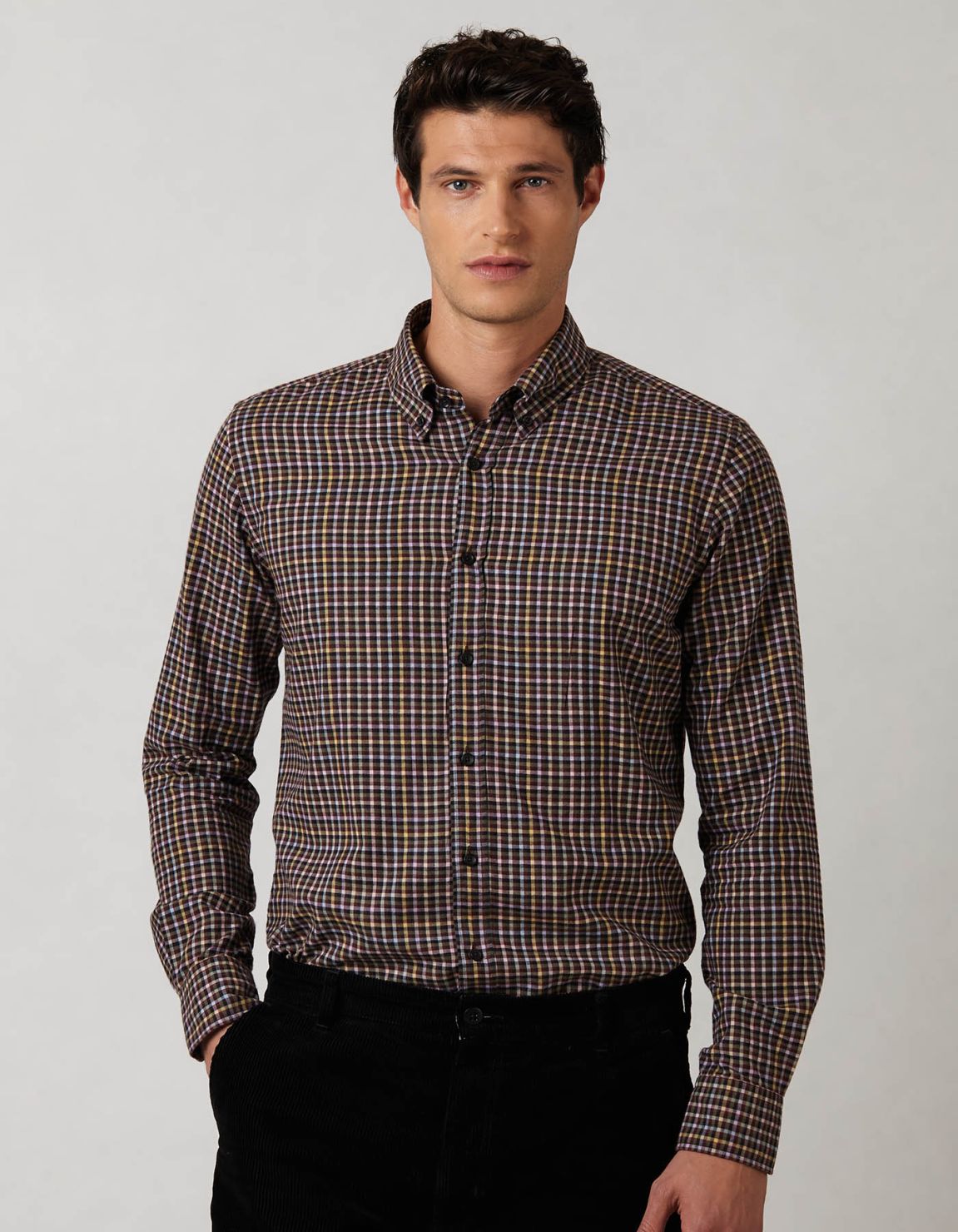 Brown Canvas Check Shirt Collar button down Tailor Custom Fit 3