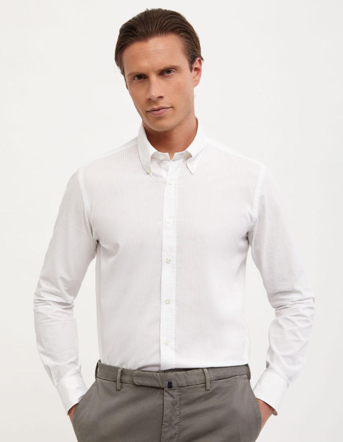 Hemd Uni Kragen Button-down Seersucker Weiß Tailor Custom Fit 6