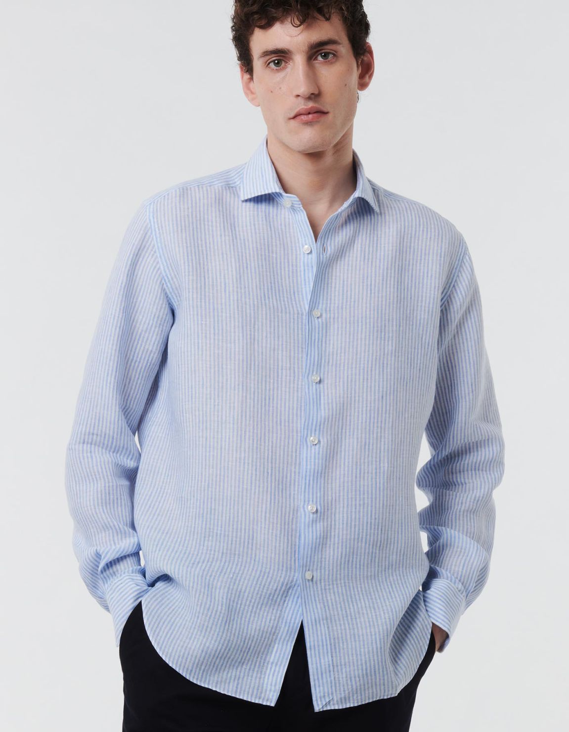 Light Blue Linen Stripe Shirt Collar open spread Evolution Classic Fit 6