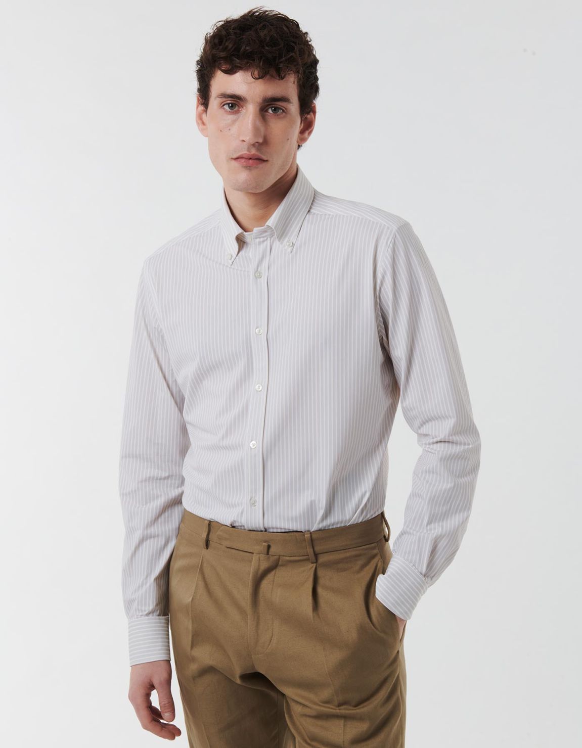 Hemd Streifen Kragen Button-down Webstoff Beige Tailor Custom Fit 3