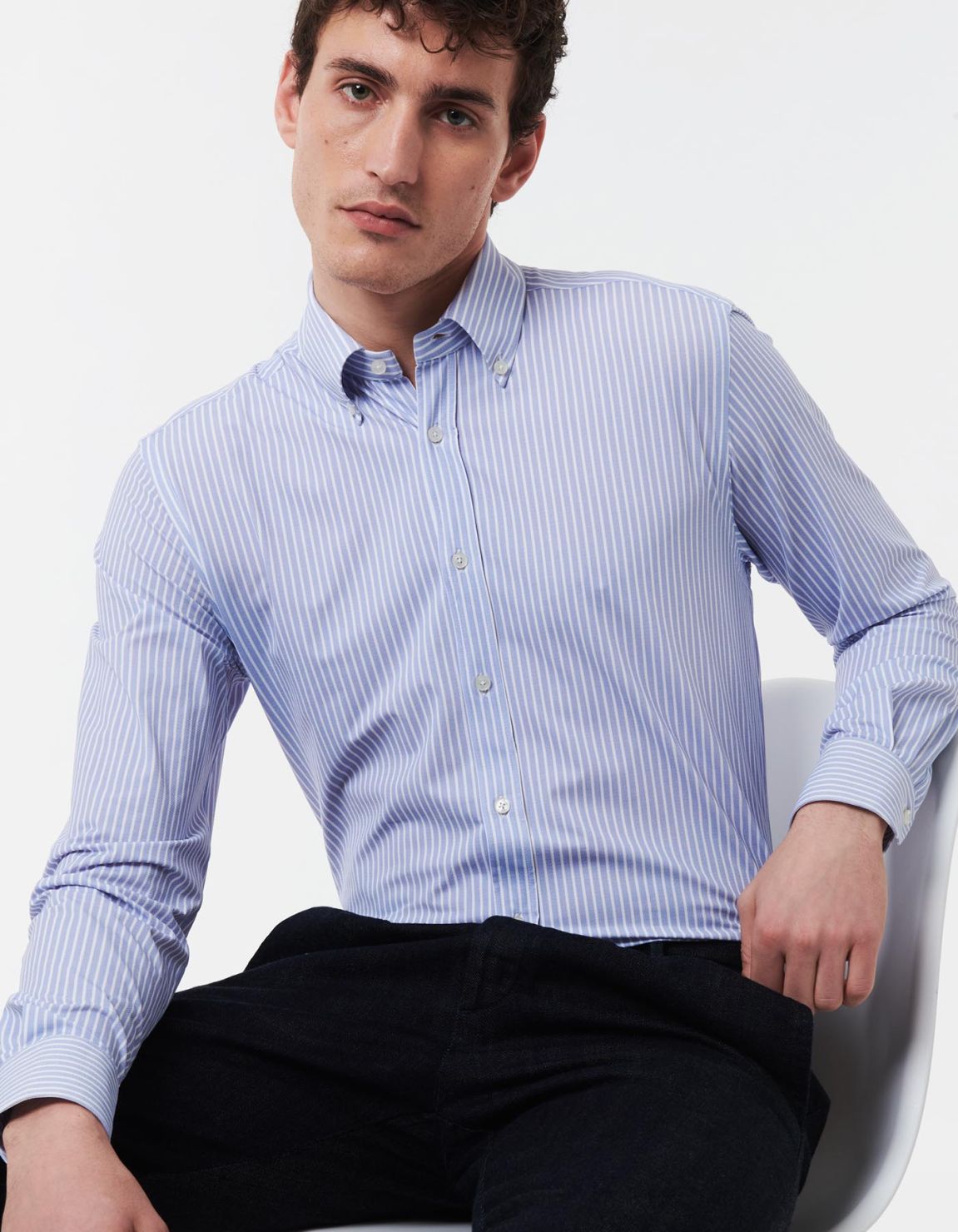 Light Blue Textured Stripe Shirt Collar button down Tailor Custom Fit 6