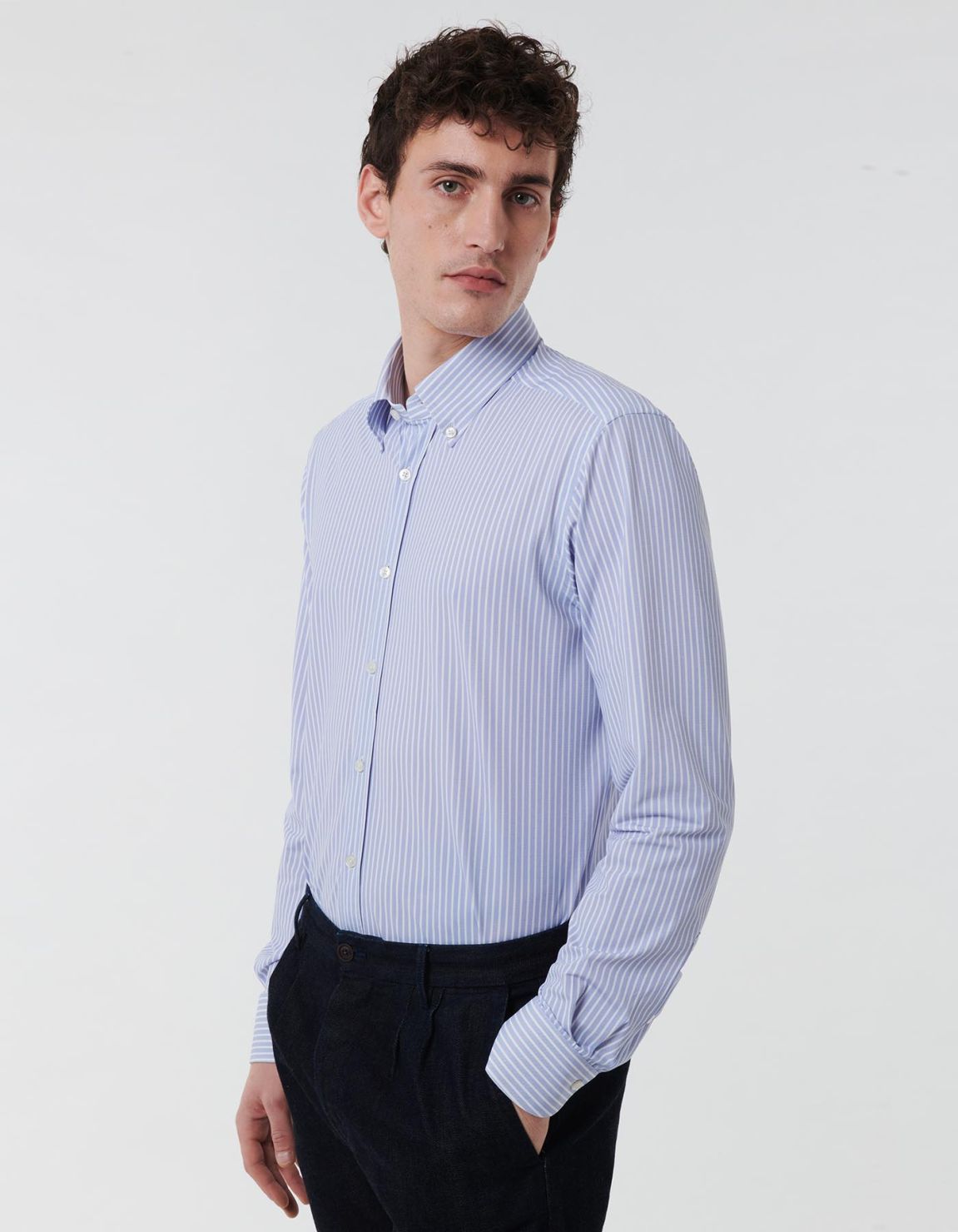 Light Blue Textured Stripe Shirt Collar button down Tailor Custom Fit 7