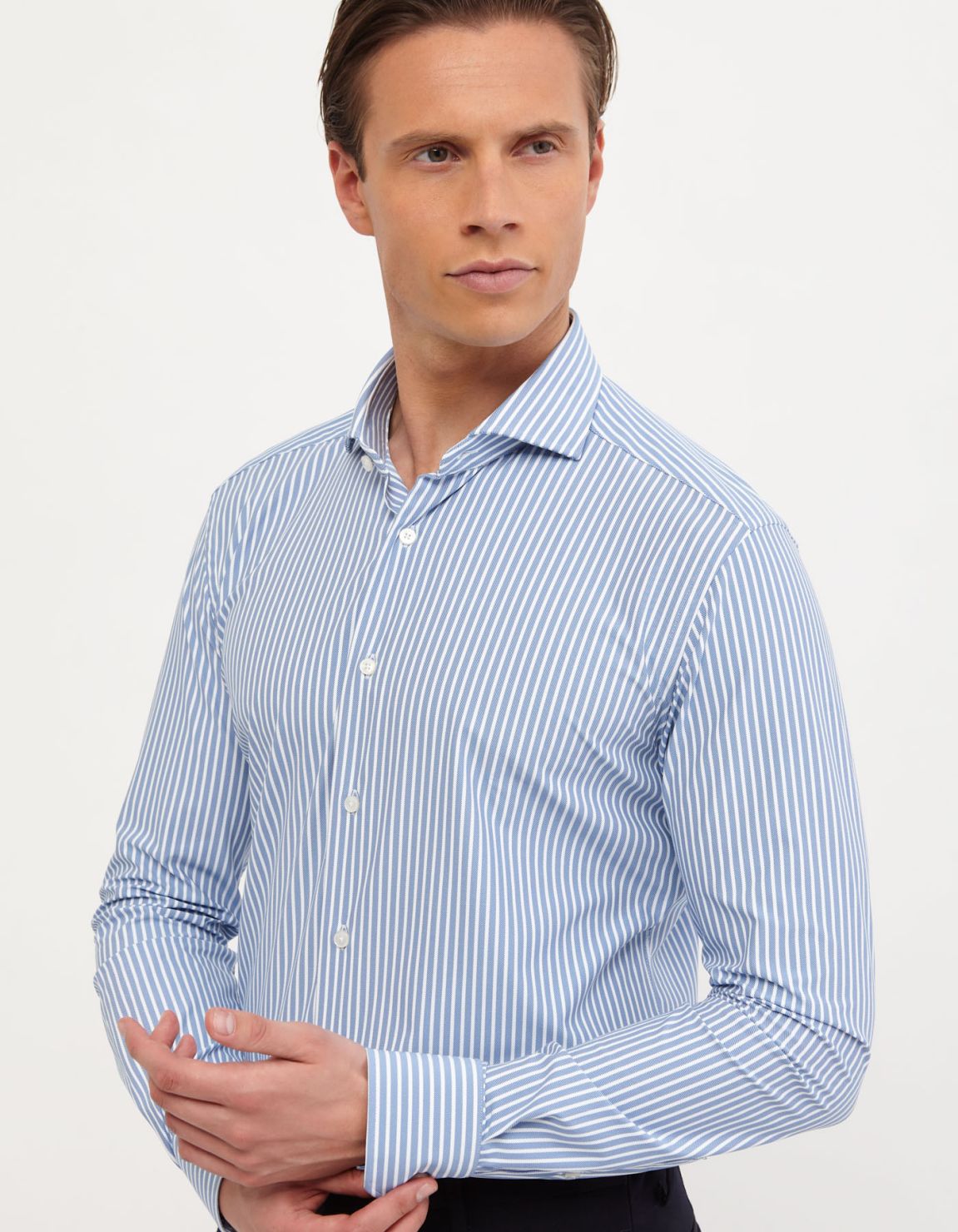Camicia Collo francese Righe Twill Celeste scuro Tailor Custom Fit 3