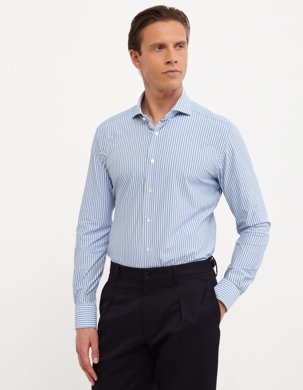 Camicia Collo francese Righe Twill Celeste scuro Tailor Custom Fit 6