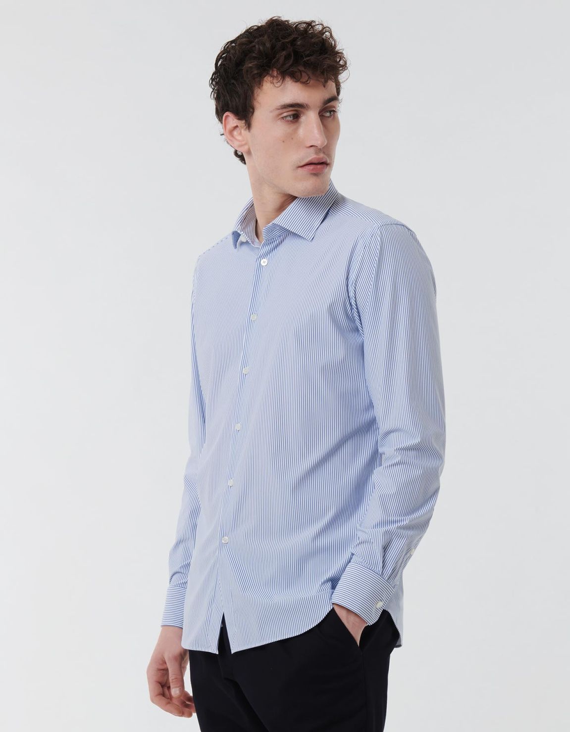 Camisa Cuello italiano abierto Rayas Sarga Azul Tailor Custom Fit 6