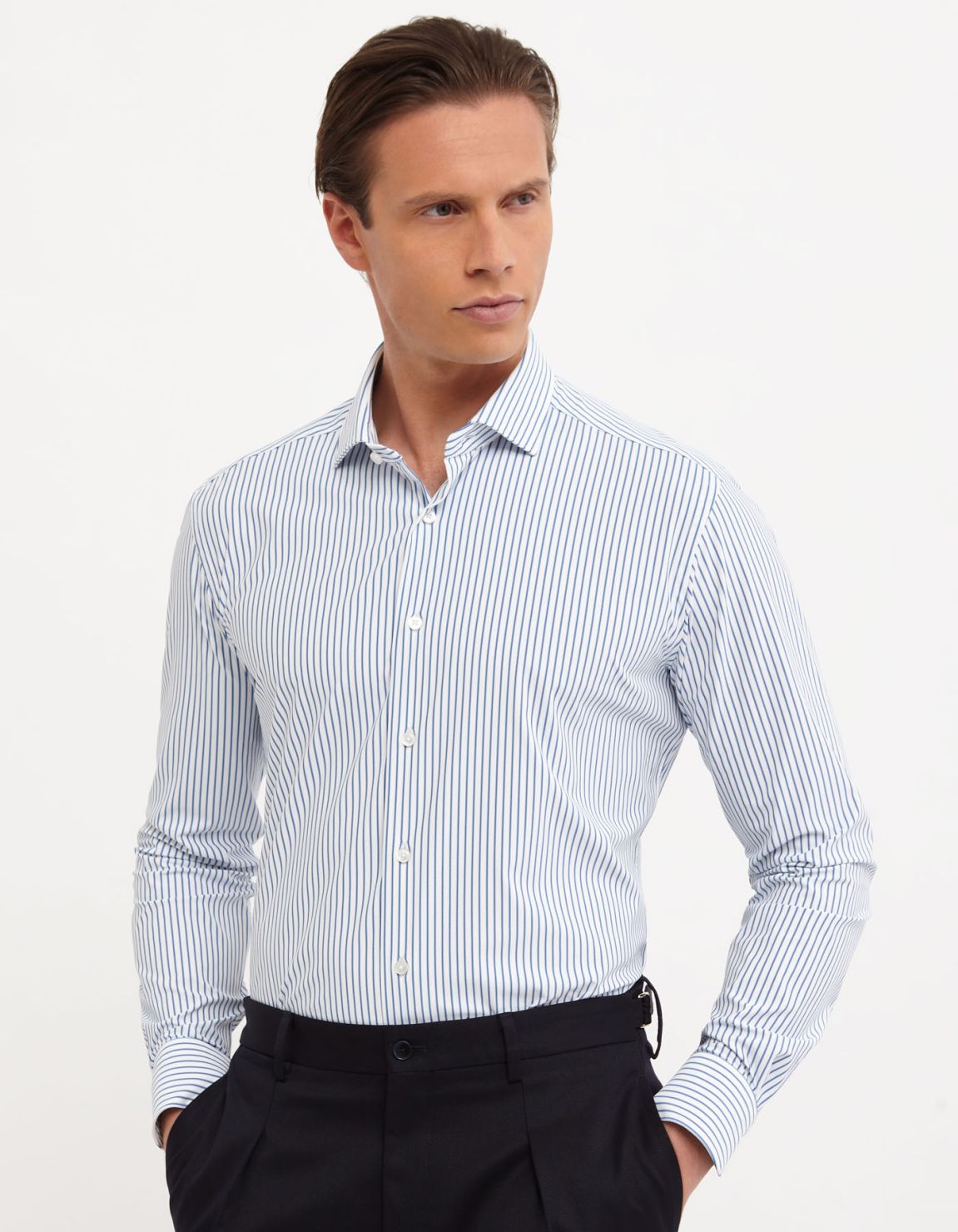 Camicia Collo francese piccolo Righe Twill Blu Tailor Custom Fit 6