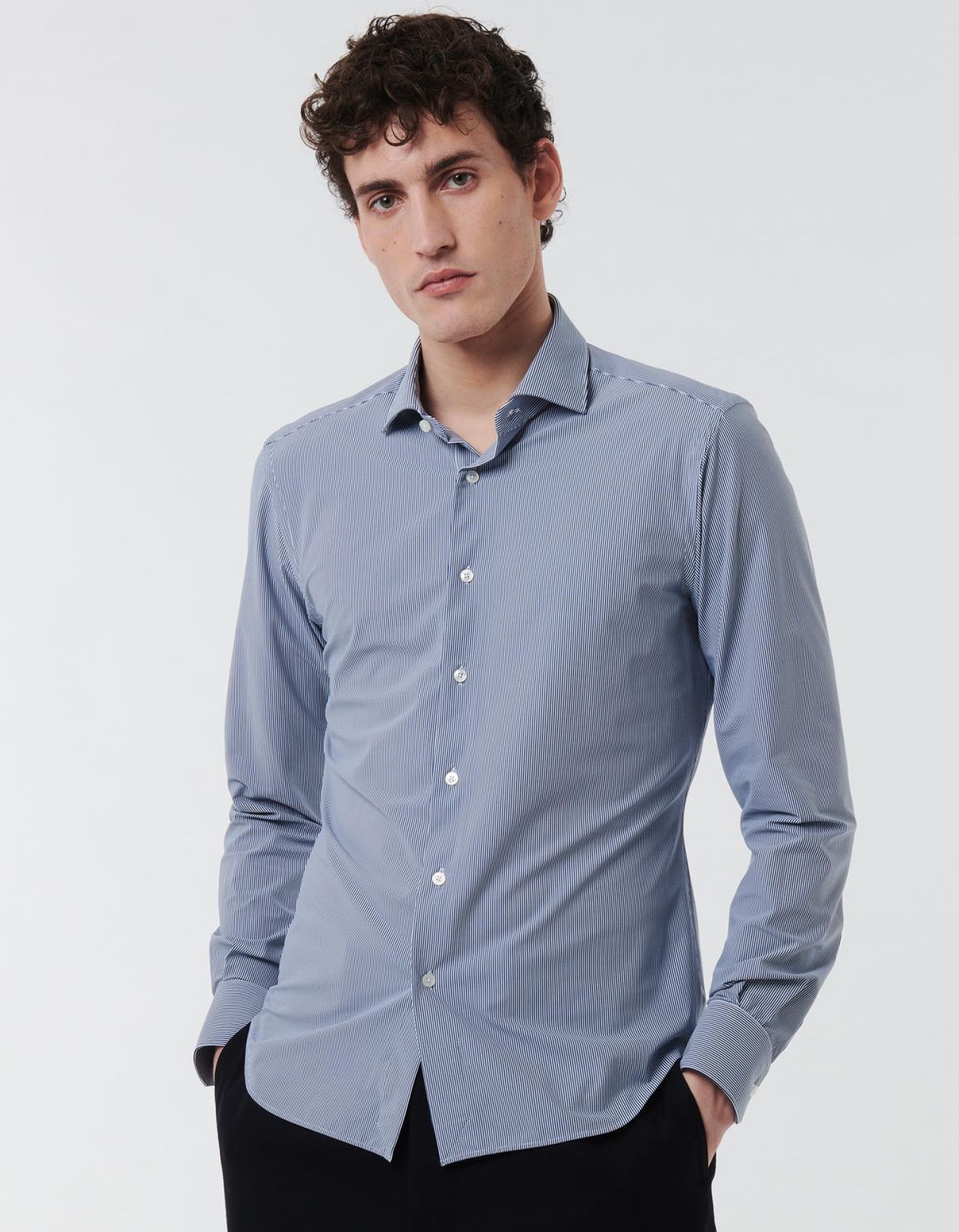 Dark Blue Textured Stripe Shirt Collar small cutaway Slim Fit 7