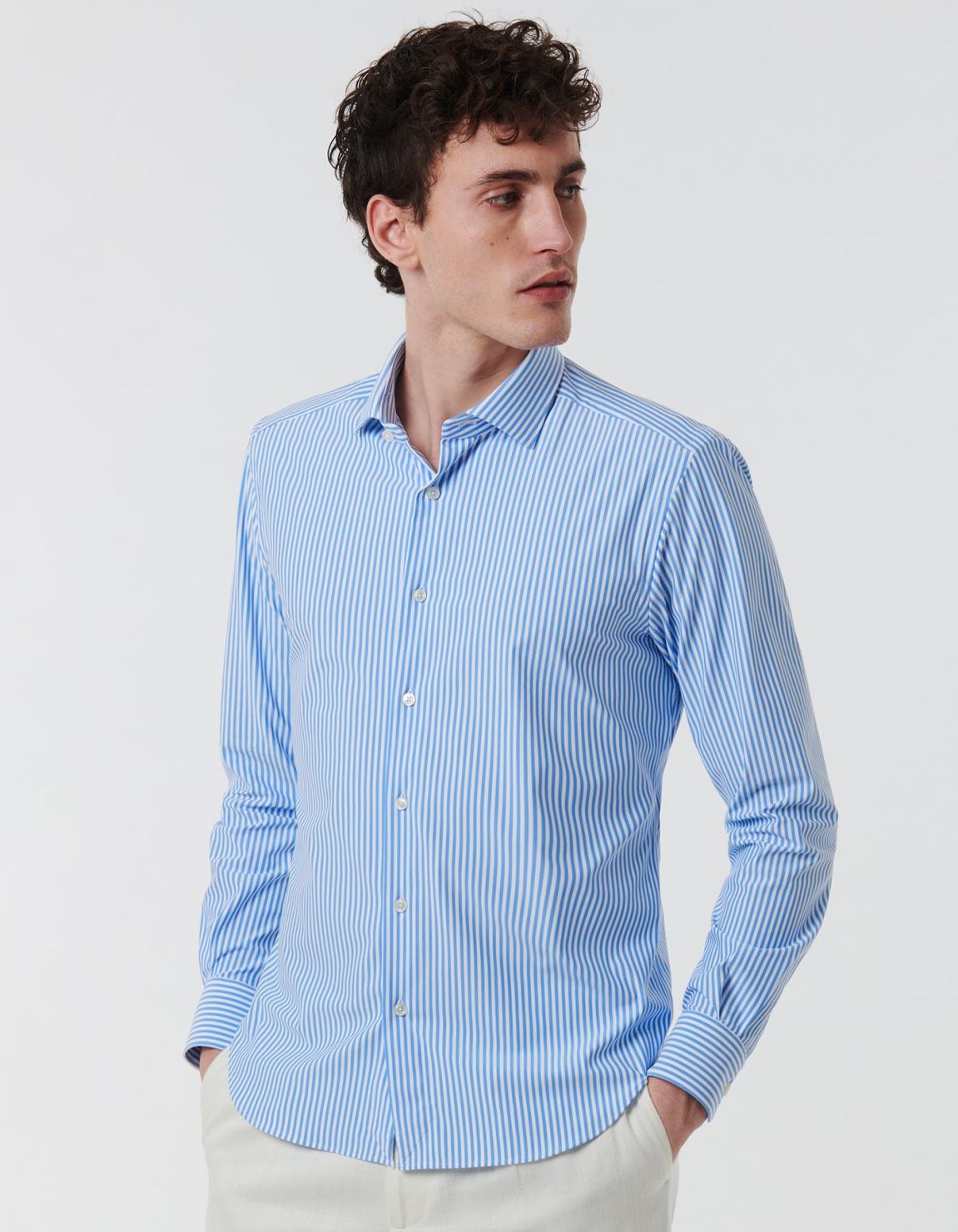 Light Blue Twill Stripe Shirt Collar small cutaway Slim Fit 7