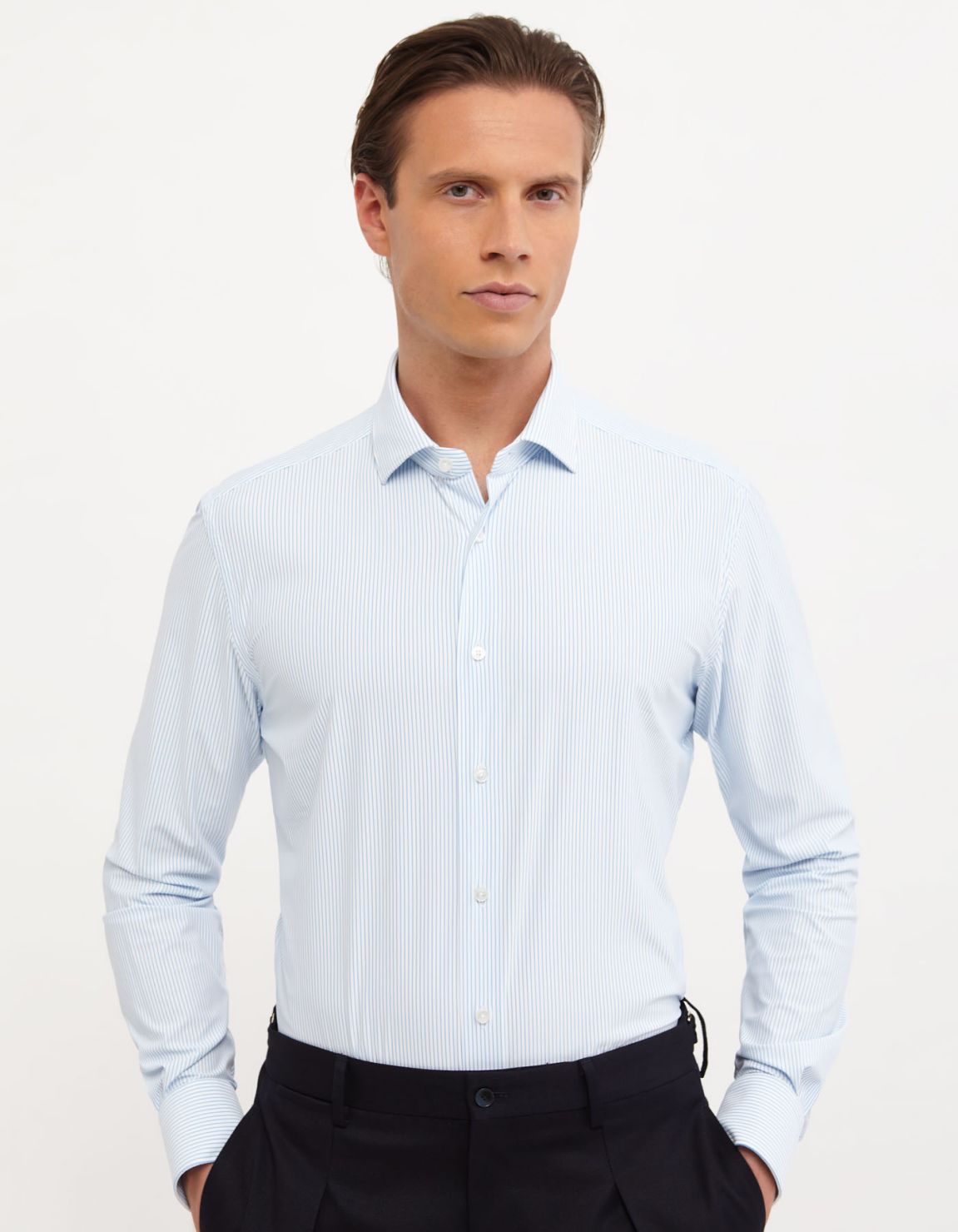 Camisa Cuello francés pequeño Rayas Sarga Celeste Slim Fit 3