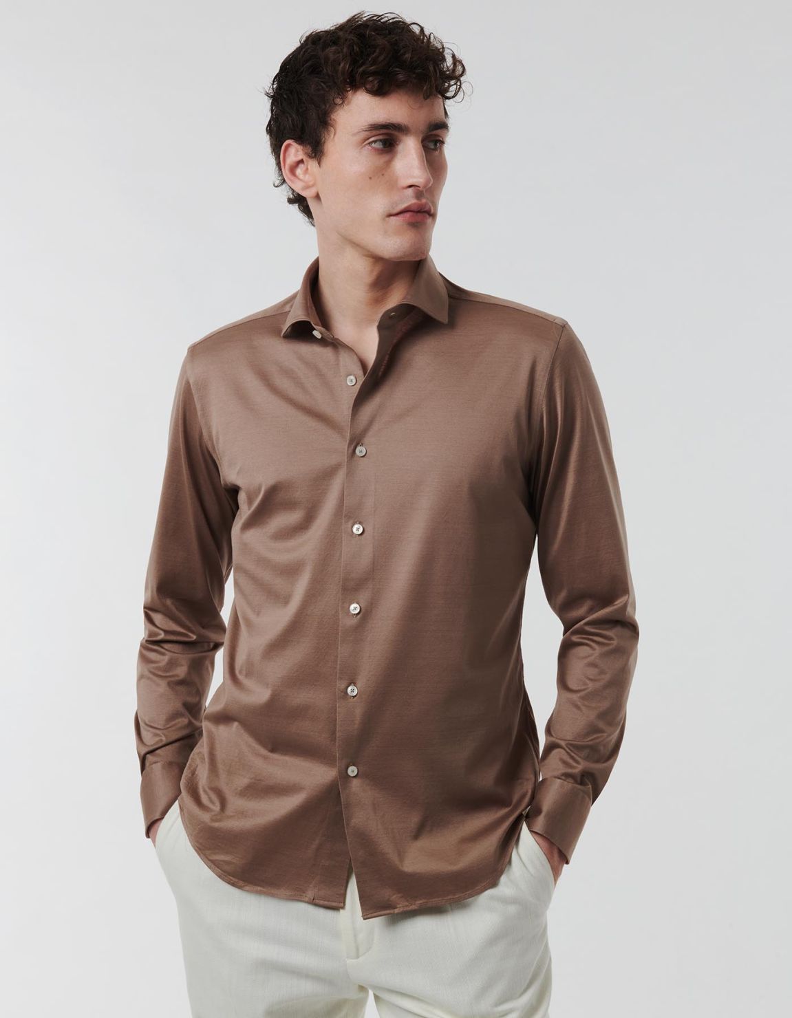Brown Jersey Solid colour Shirt Collar small cutaway Tailor Custom Fit 6