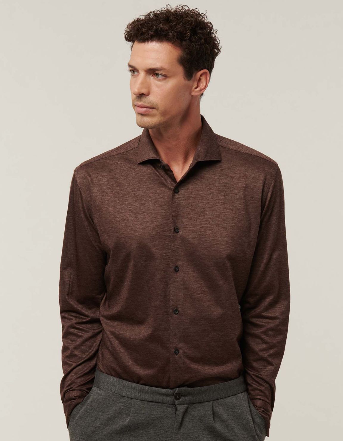 Camisa Cuello francés Liso Jersey Marrón jaspeado Tailor Custom Fit 1