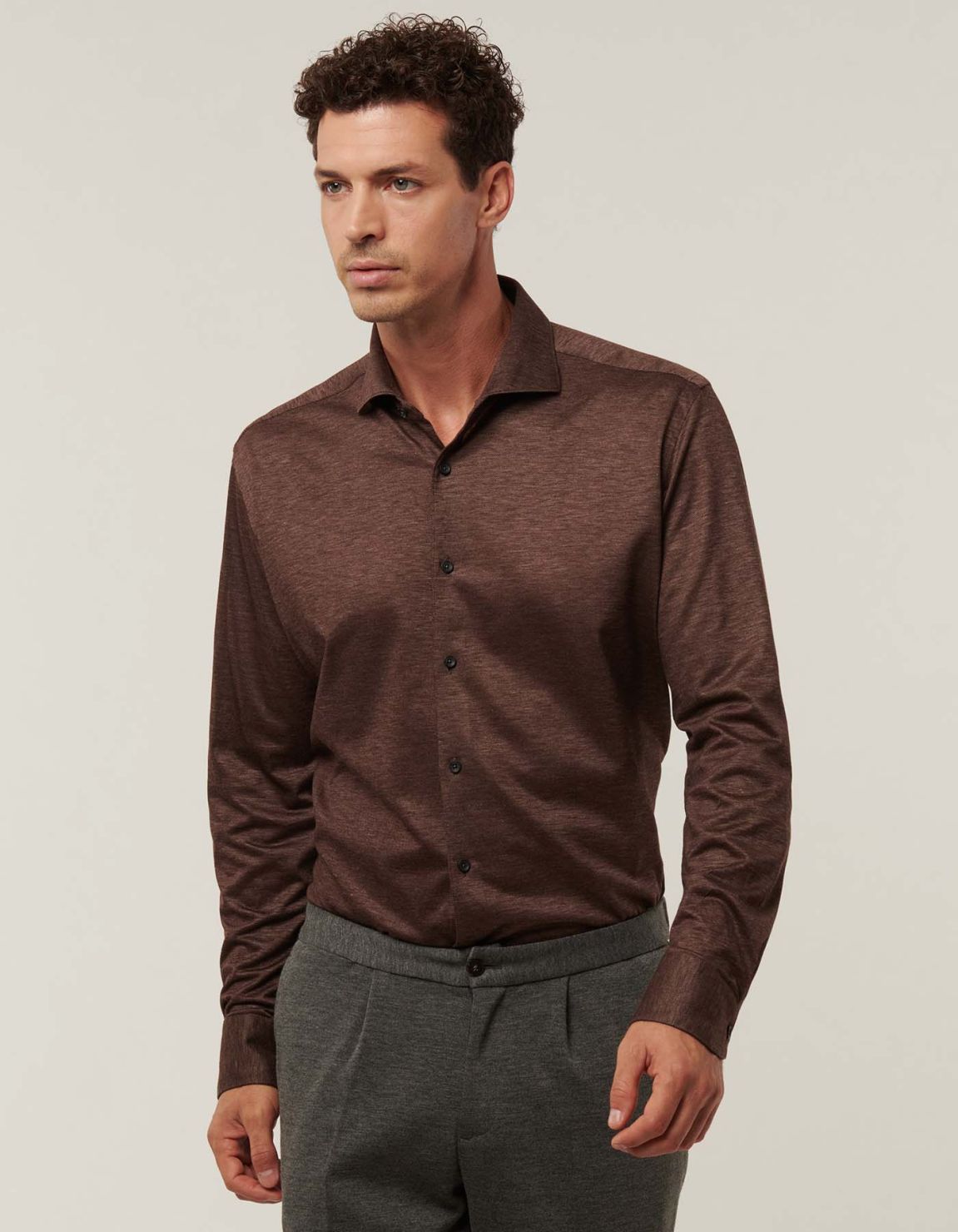 Brown Melange Jersey Solid colour Shirt Collar cutaway Tailor Custom Fit 6
