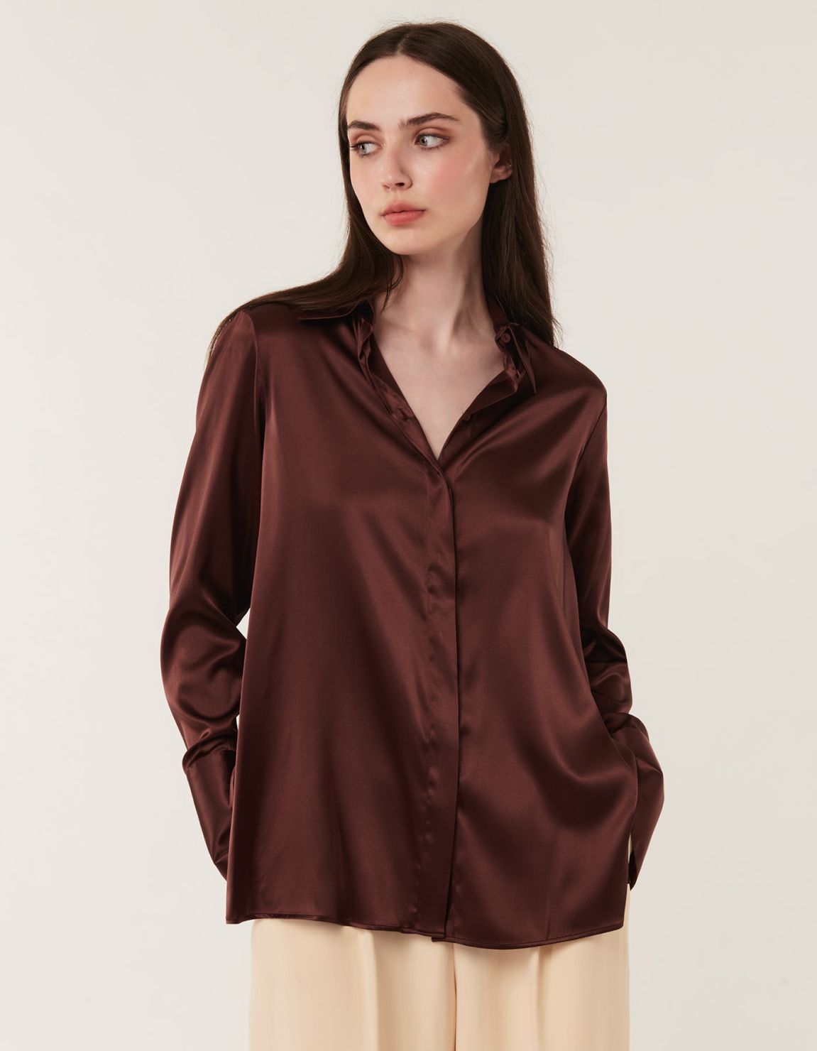 Shirt Brown Silk Solid colour Regular Fit 5