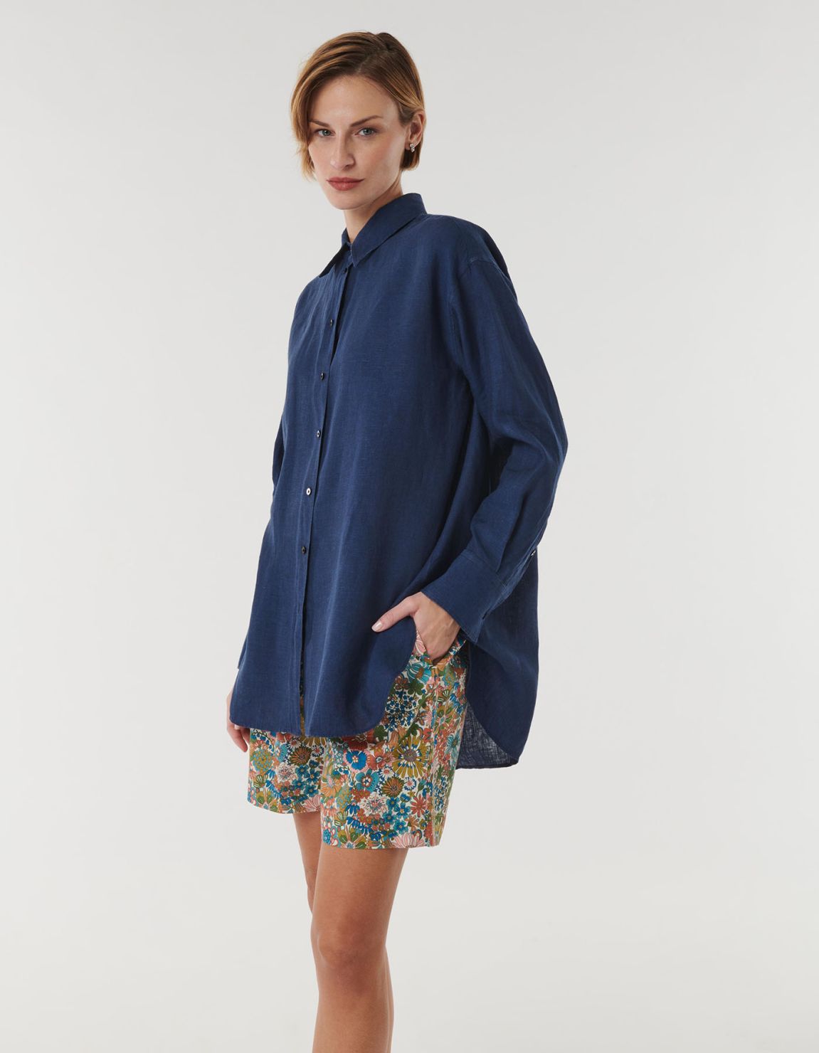 Shirt Navy Blue Linen Solid colour Over 3